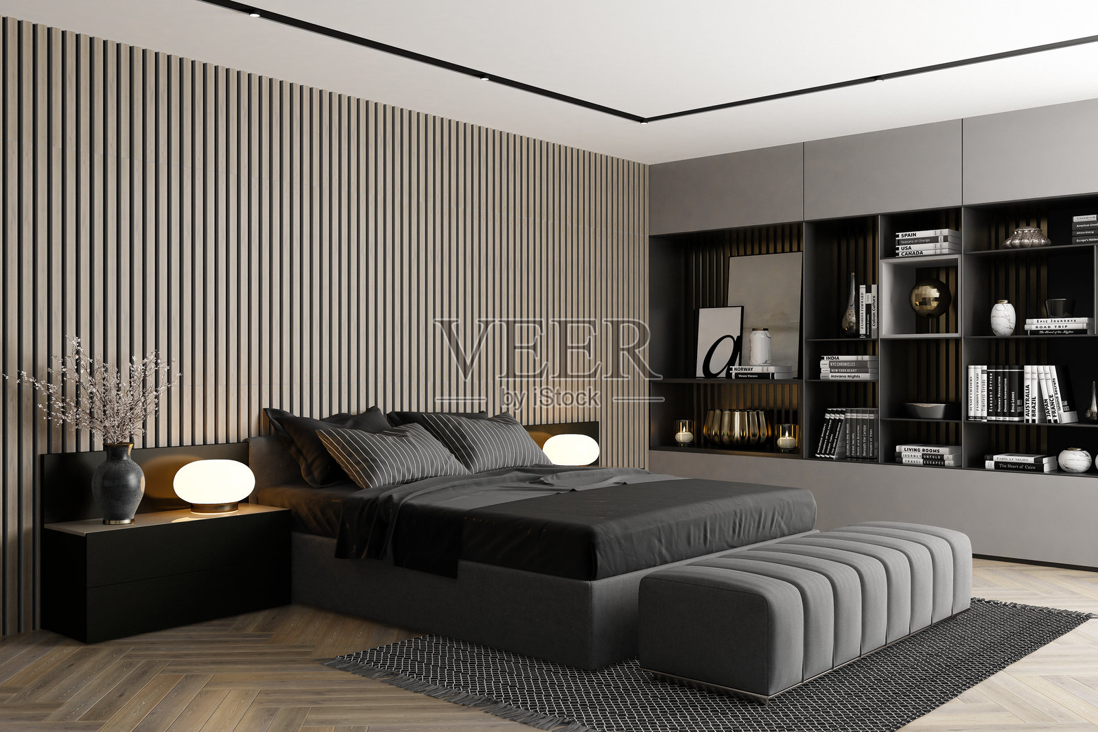 现代奢华卧室,哑光灰色饰面与金属装饰墙照片摄影图片