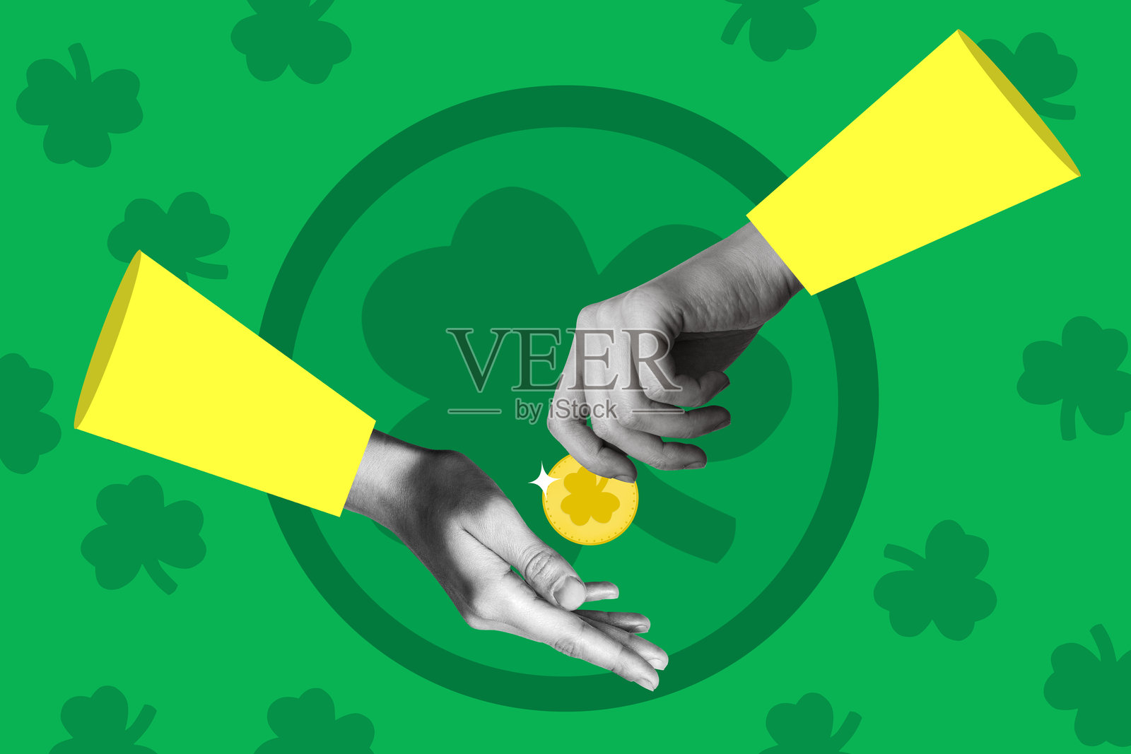 拼贴画,手握金币与三叶草,庆祝圣帕特里克节,背景为绿色。照片摄影图片