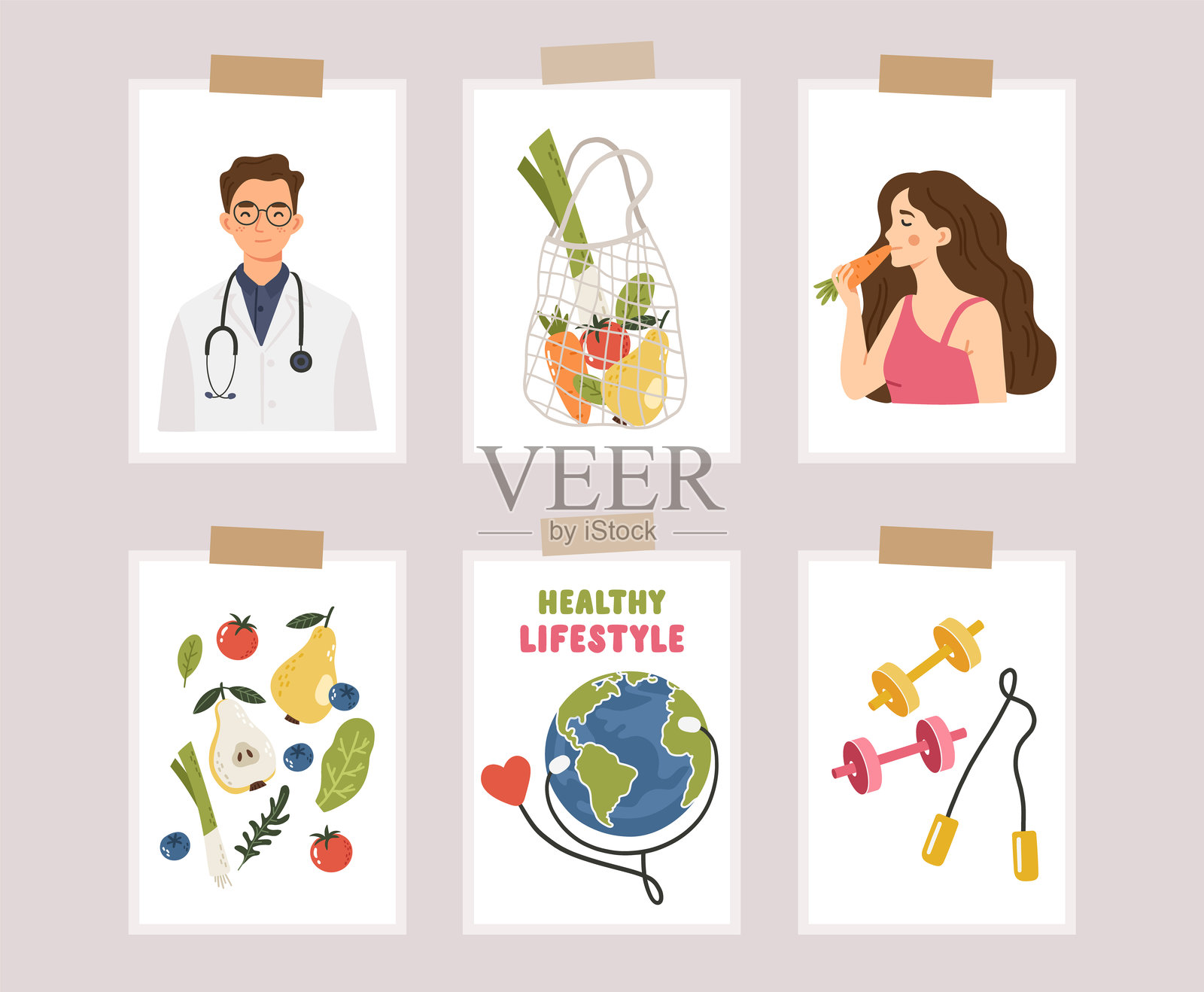 世界卫生日插图,4月7日的物品,卡片,海报,地球和水果、蔬菜、运动插画图片素材