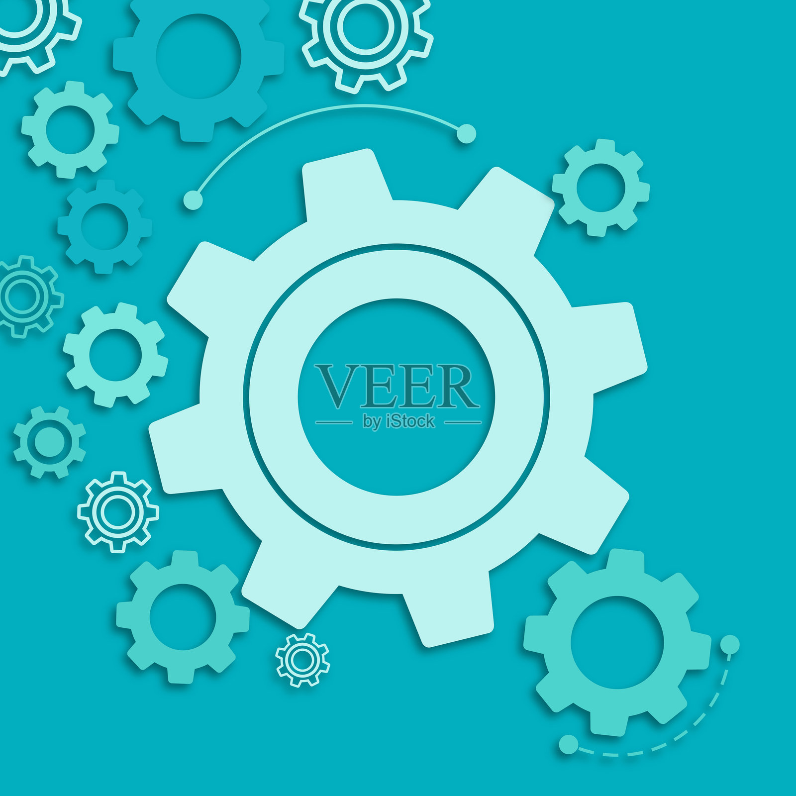 现代抽象风格的机械齿轮在蓝色背景上插画图片素材