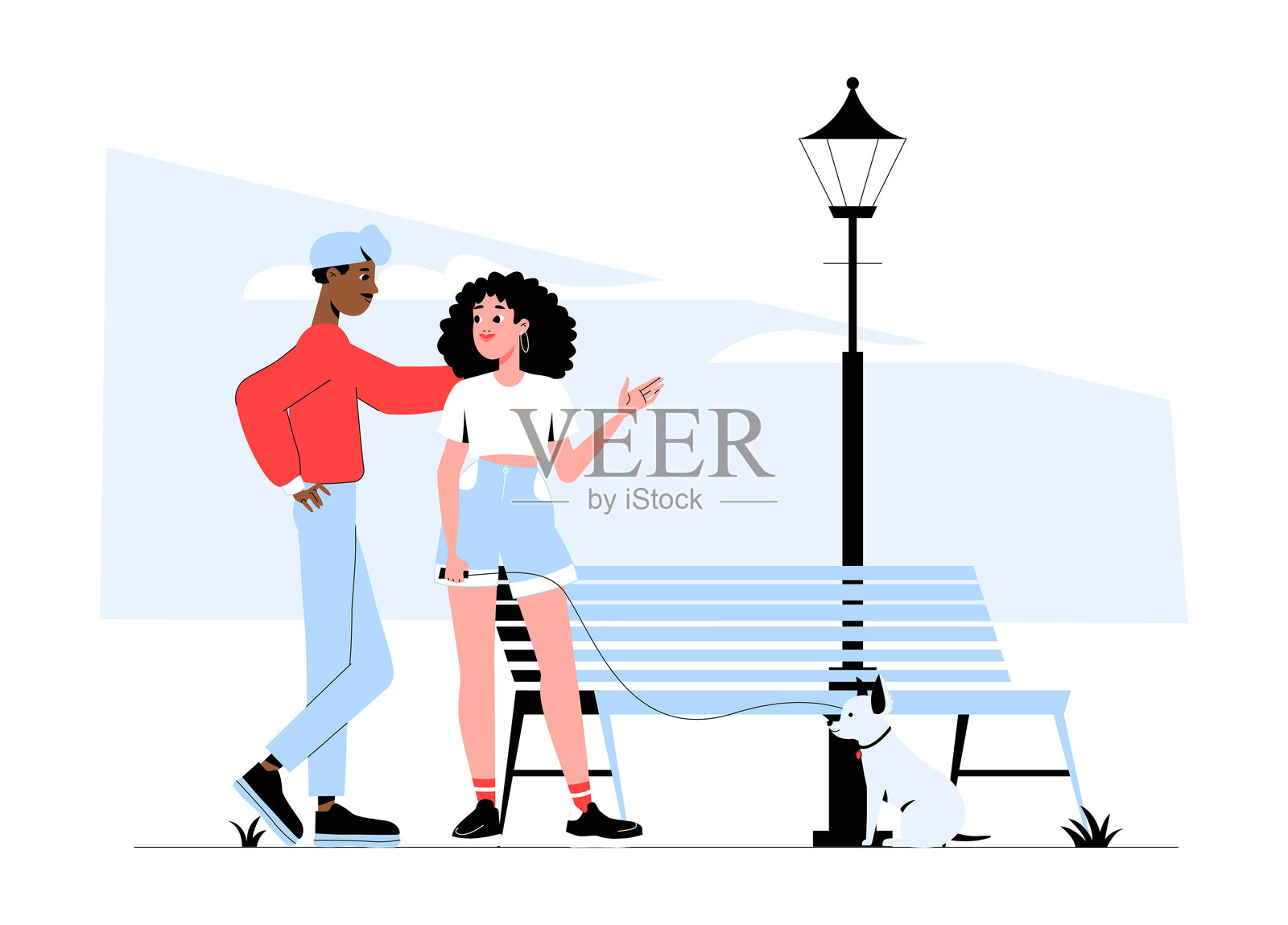 公园里一对情侣与狗交谈的扁平矢量插图,象征社交、友谊和户外休闲,背景为白色。插画图片素材