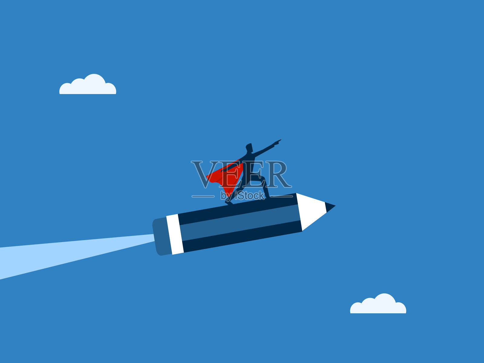 商人在铅笔上飞向天空插画图片素材