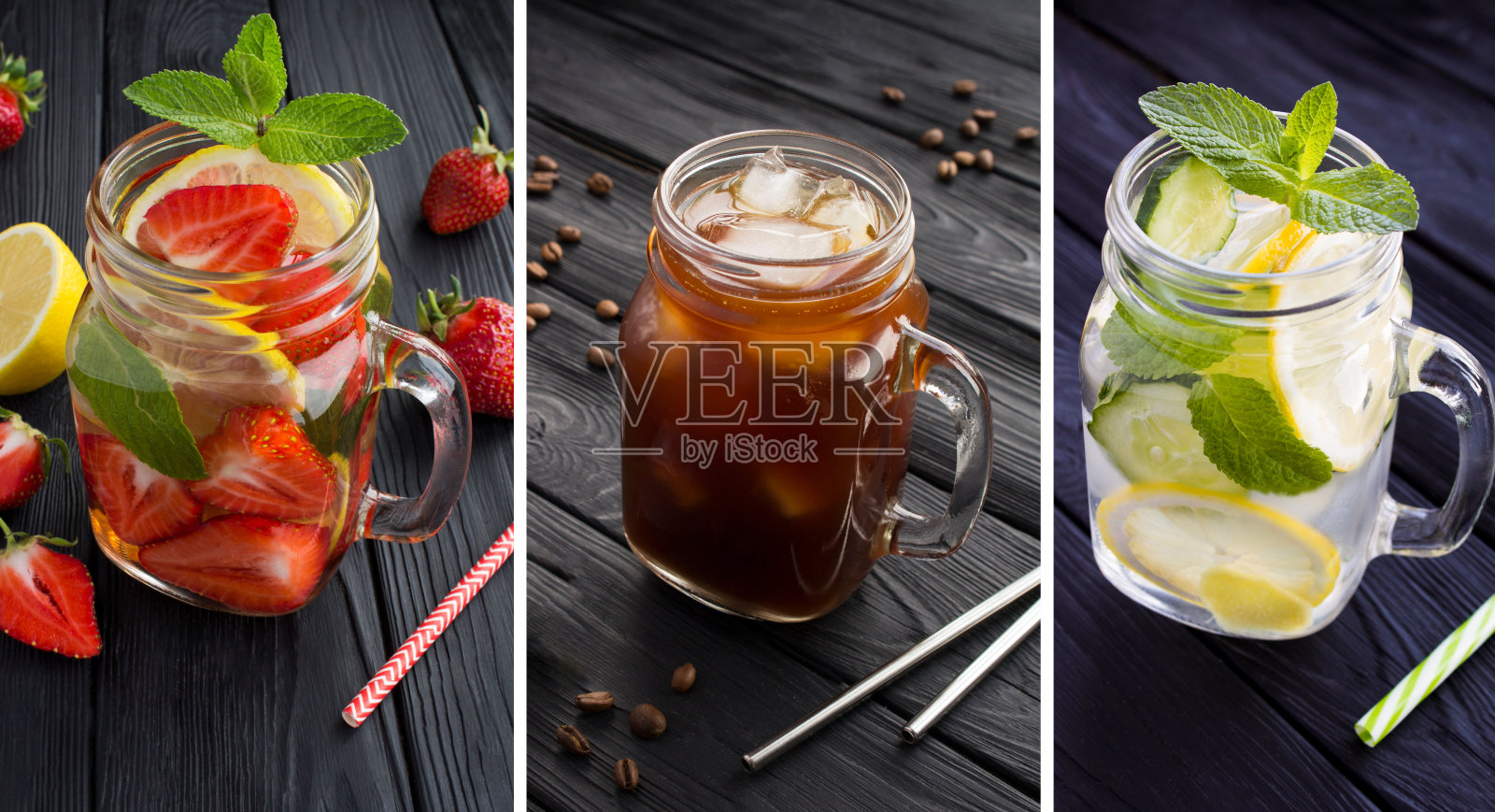 夏季冷饮拼贴画。饮料杯中装有柠檬水或草莓、黄瓜、柠檬和冷萃咖啡的浸泡水,背景为黑色木材。照片摄影图片