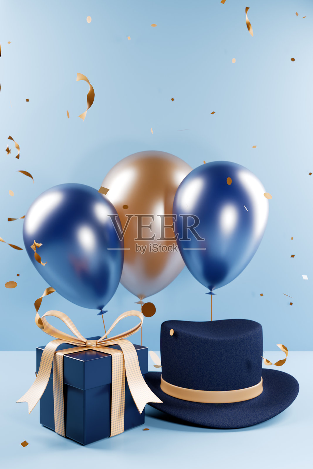 蓝色背景下,蓝色和金色气球、礼品盒和帽子庆祝父亲节。3D渲染。照片摄影图片