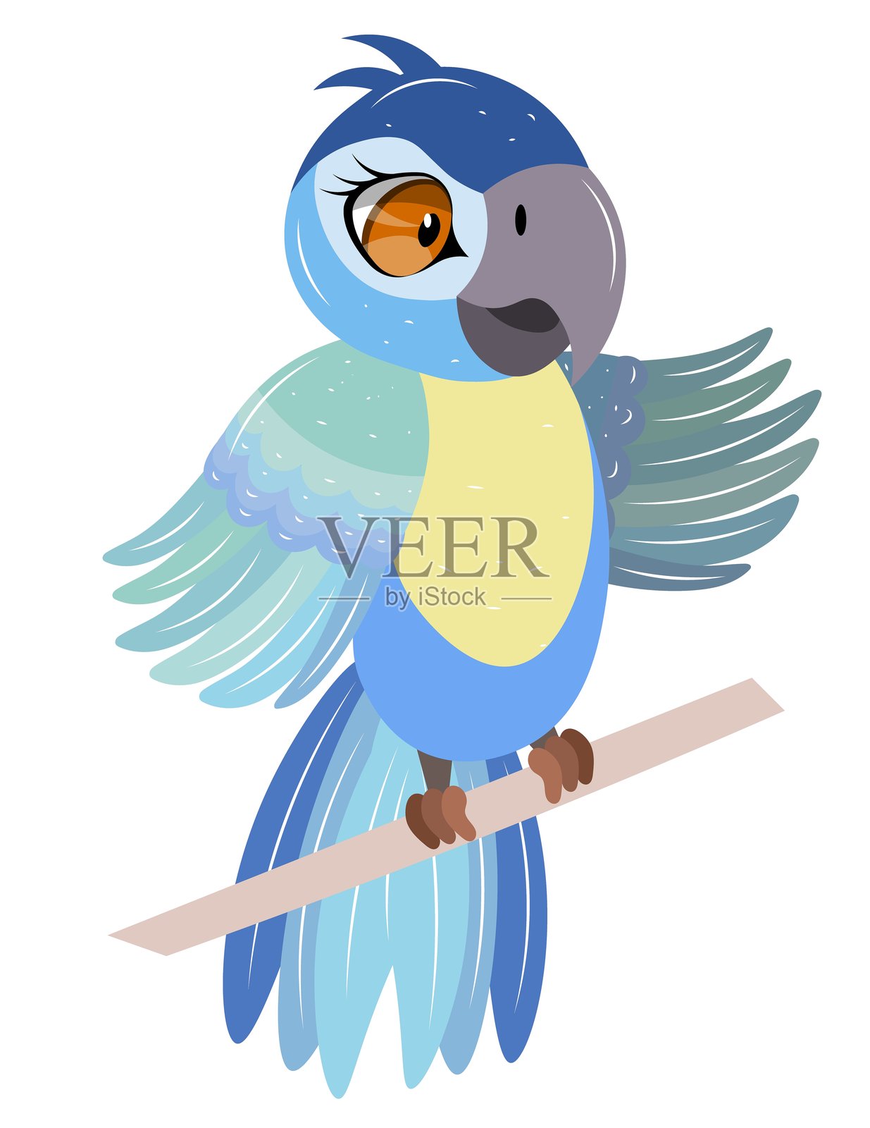 可爱的动物园。矢量鸟类。可爱的鹦鹉栖息在树枝上。矢量动物系列。儿童平面矢量插图。插画图片素材