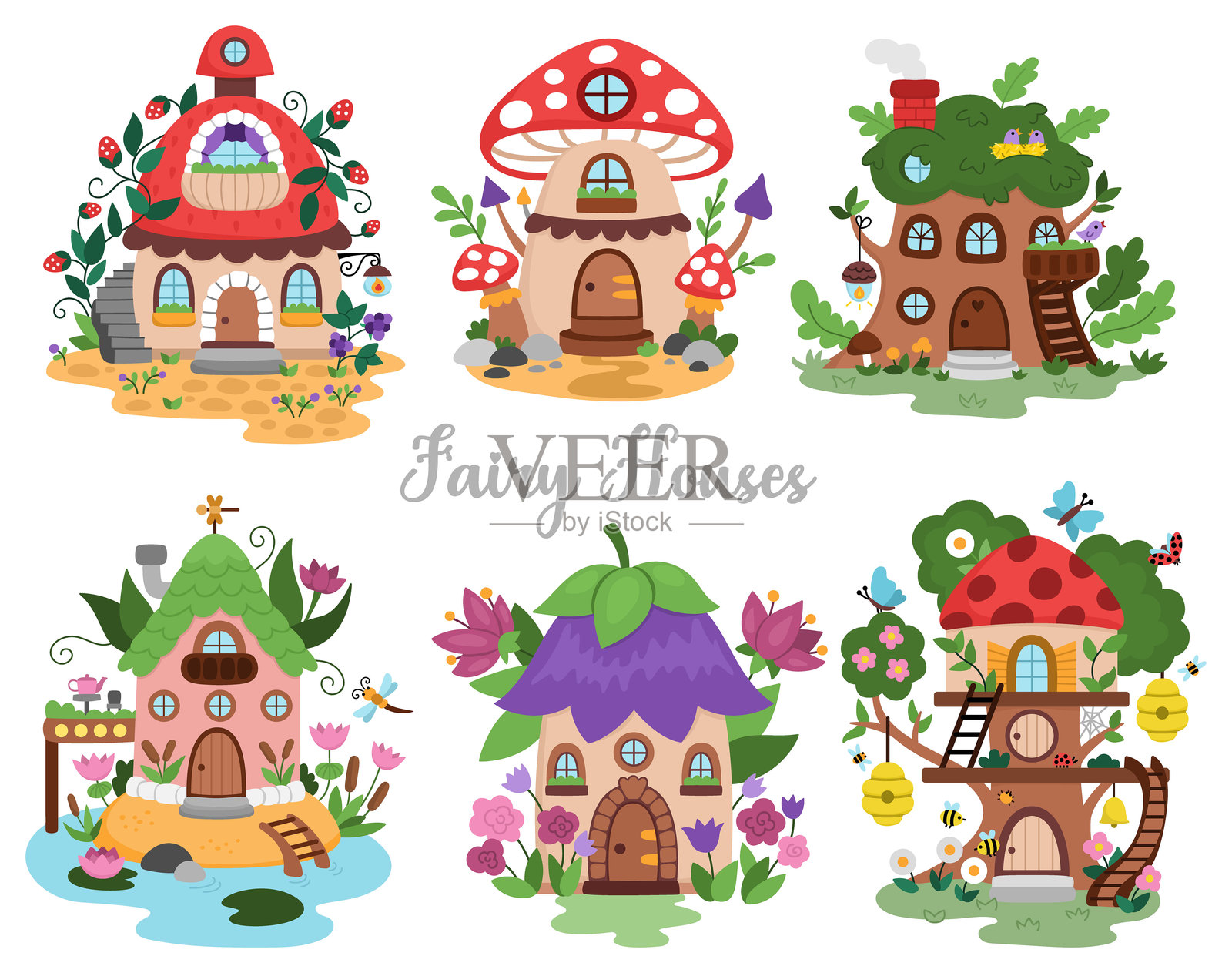 矢量仙女屋剪贴画套装。森林公主家园图标合集。幻想森林小屋插图。魔法童话生物栖息地,形状如浆果、花朵、蘑菇、树屋。插画图片素材
