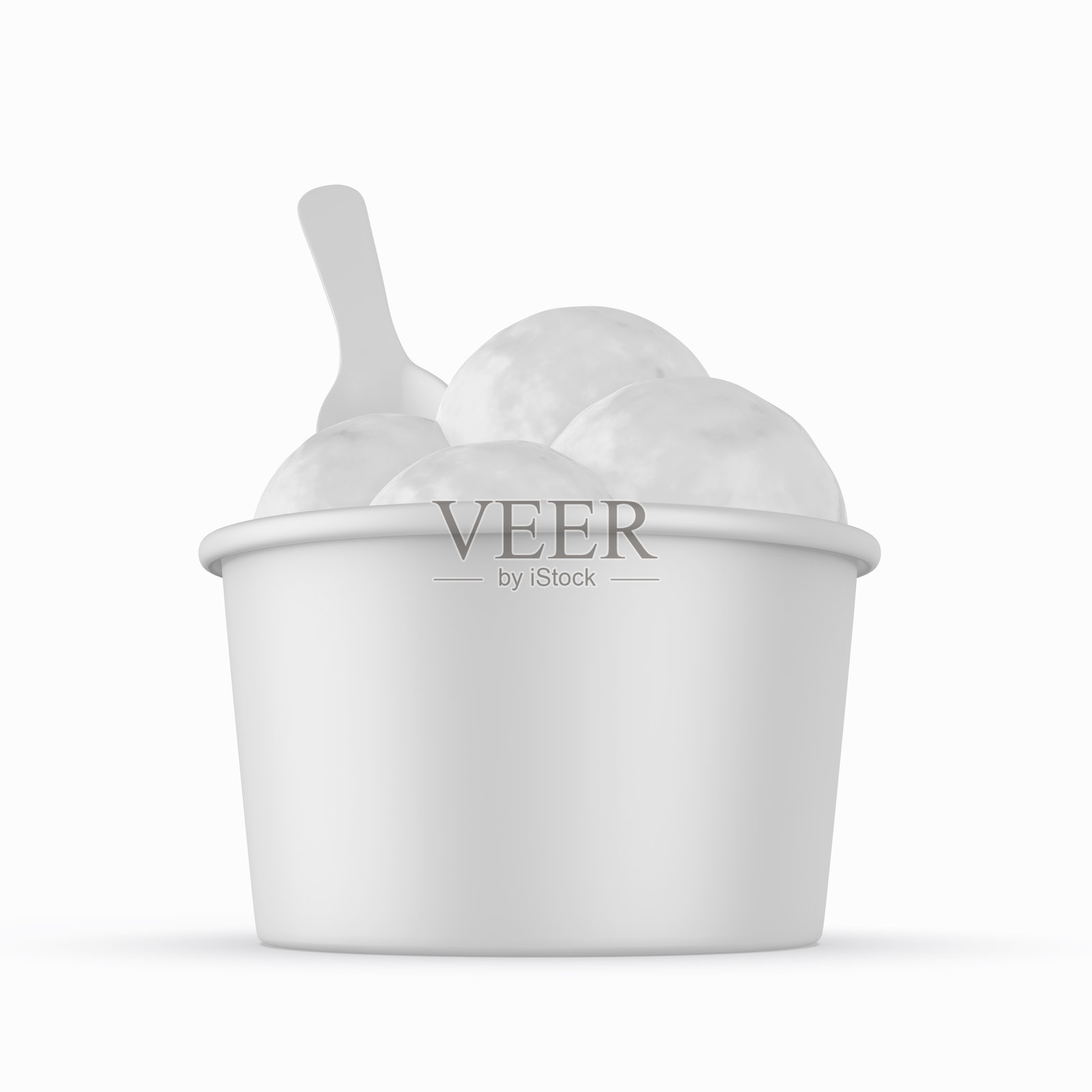 空白冰淇淋杯与勺子的3D模板插图。照片摄影图片