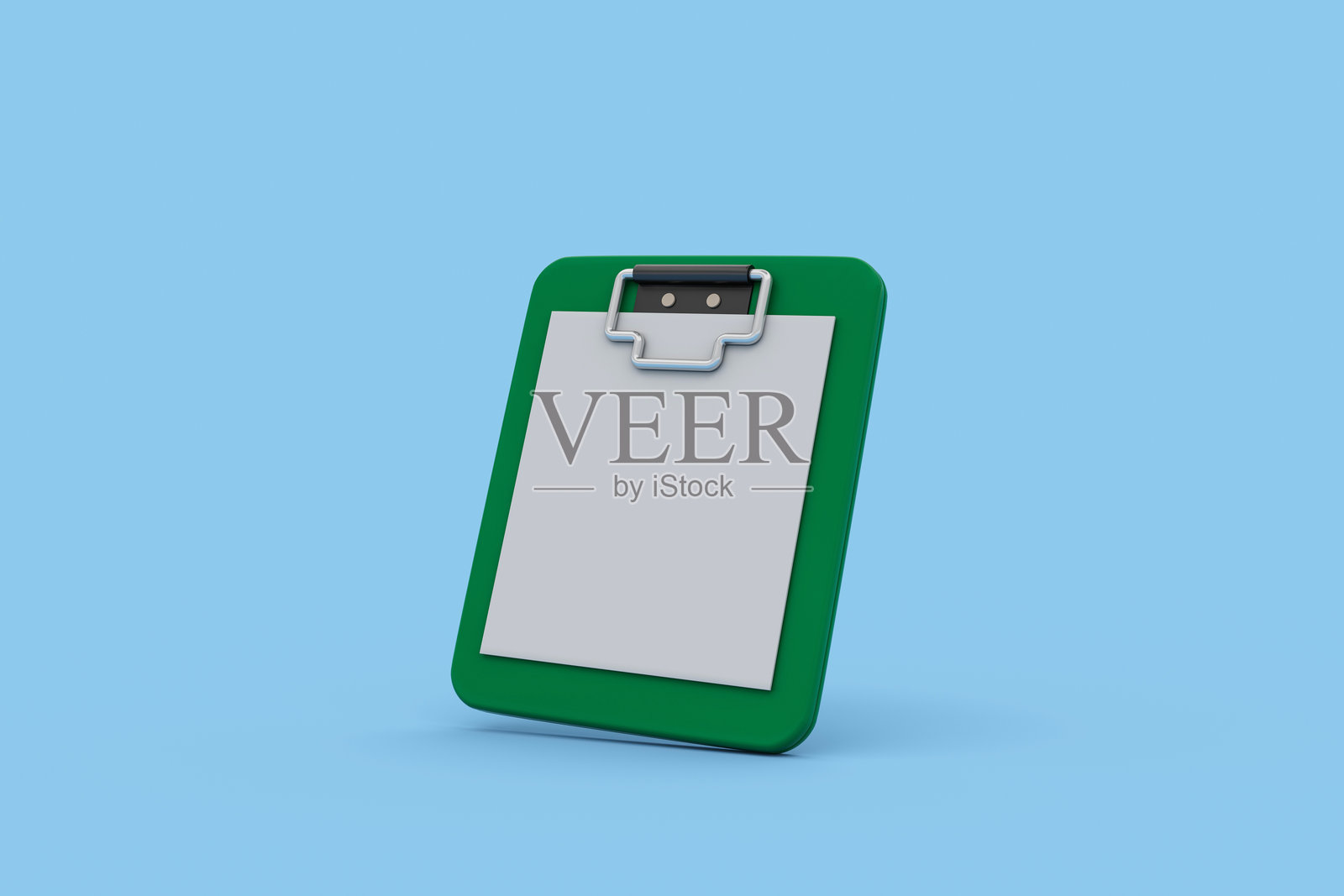 蓝色背景上的空白剪贴板的3D渲染图。照片摄影图片