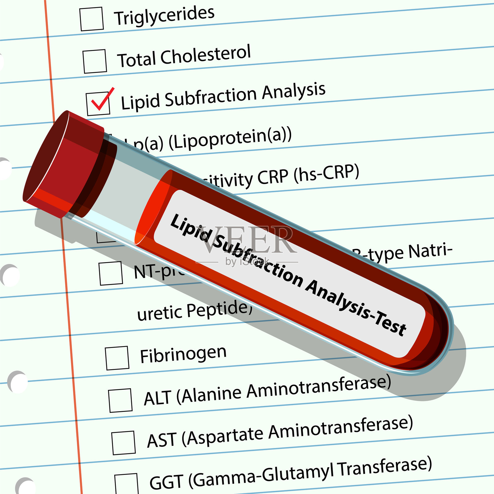 医疗试管在检查表背景上插画图片素材