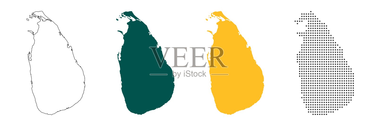 斯里兰卡地图,采用不同风格的轮廓,绿色、黄色和点状。插画图片素材