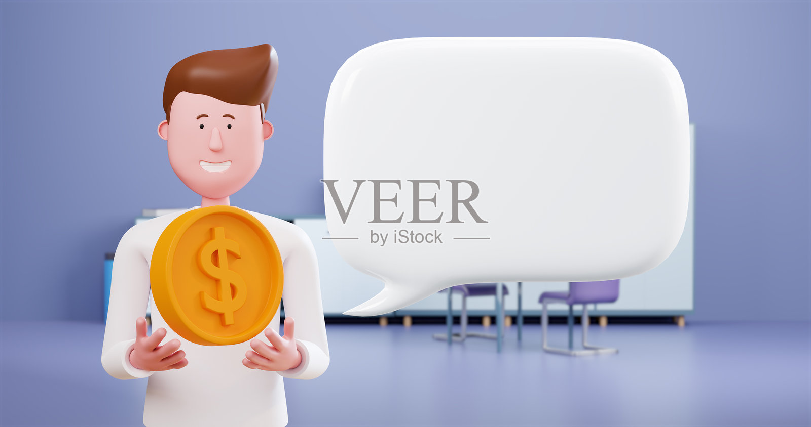 3D动画的商业人士卡通形象,手持硬币并带有对话气泡,谈论被动收入、财务收入、储蓄、金融投资、现金流、金融贷款、股票、工资和外汇汇率。照片摄影图片