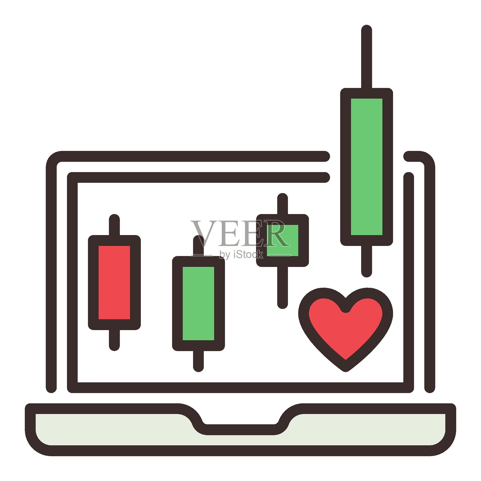 带有红色心形和蜡烛图表的笔记本电脑屏幕,象征对交易的热情,彩色图标或设计元素插画图片素材