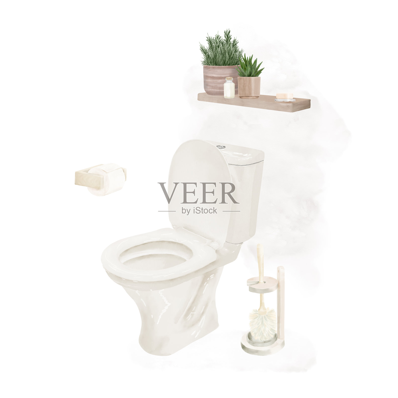 马桶、木架和马桶刷。水彩数字插图。白色背景上的卫生间剪贴画。肥皂、卫生纸架和室内花卉盆栽用于室内设计。插画图片素材