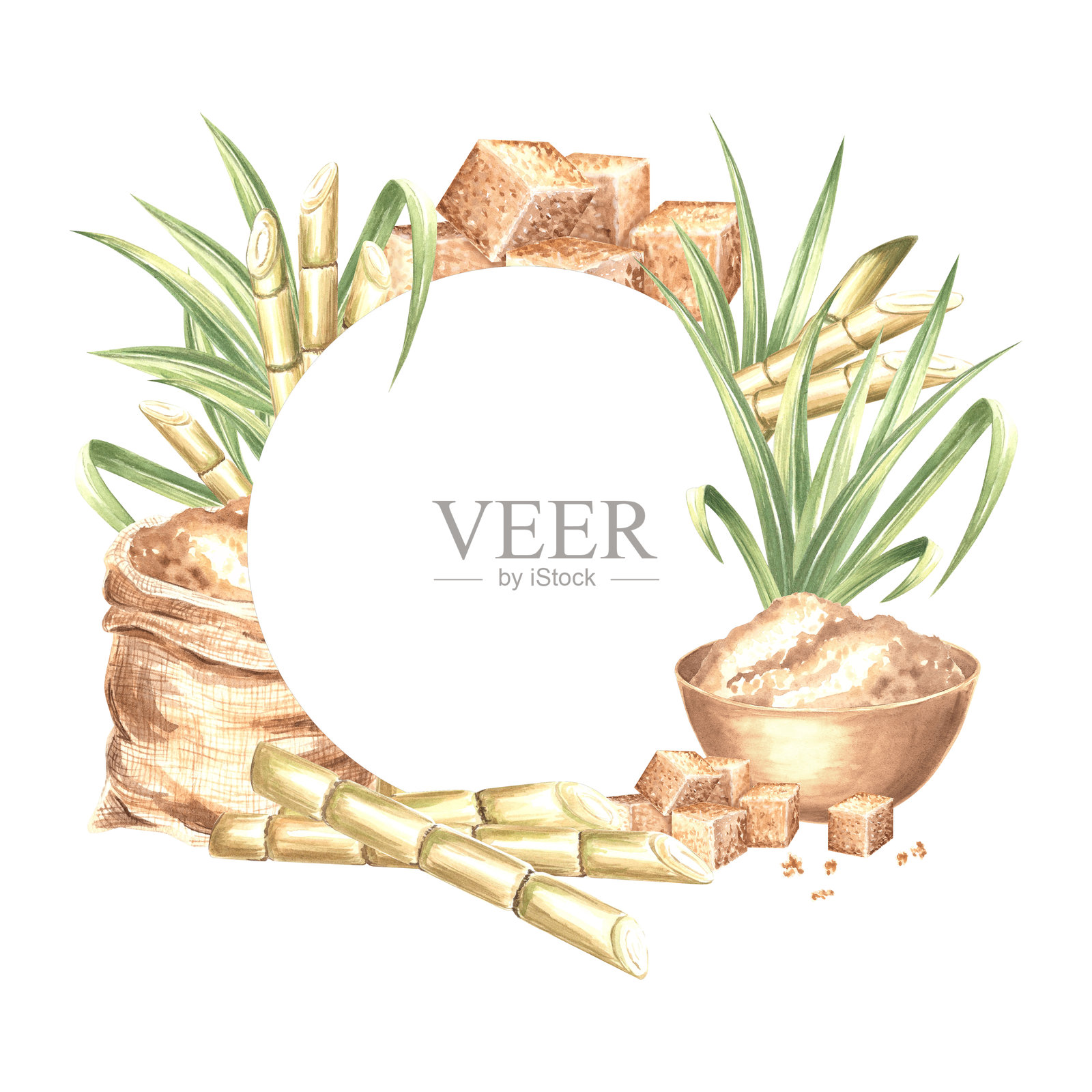 甘蔗茎与叶子、红糖块、麻袋和碗。明信片模板,带有留白的边框。手绘水彩插图,孤立展示。种植收获的圆形框架。剪贴画。插画图片素材