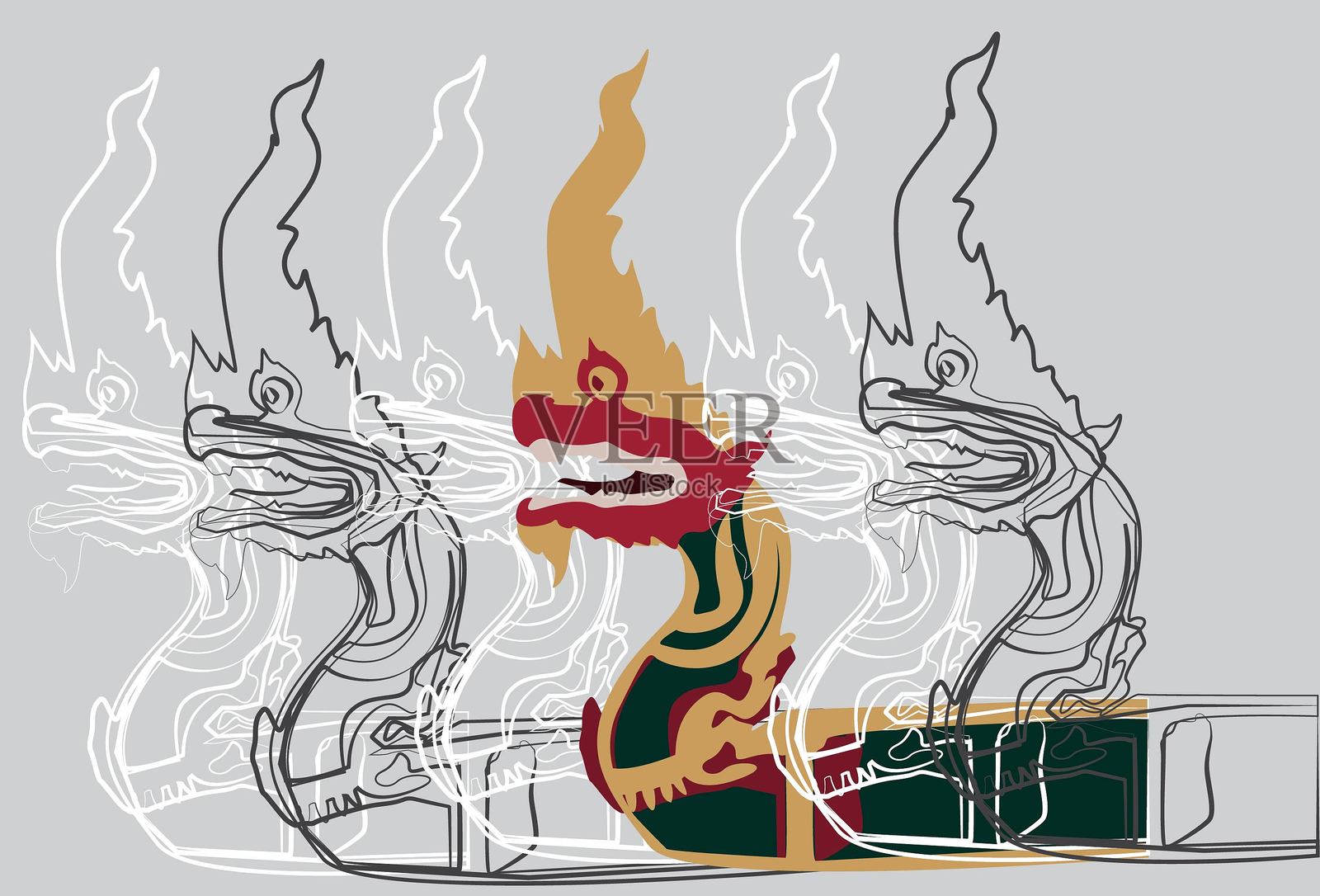 黑白线条素描的龙与全彩插图的龙插画图片素材