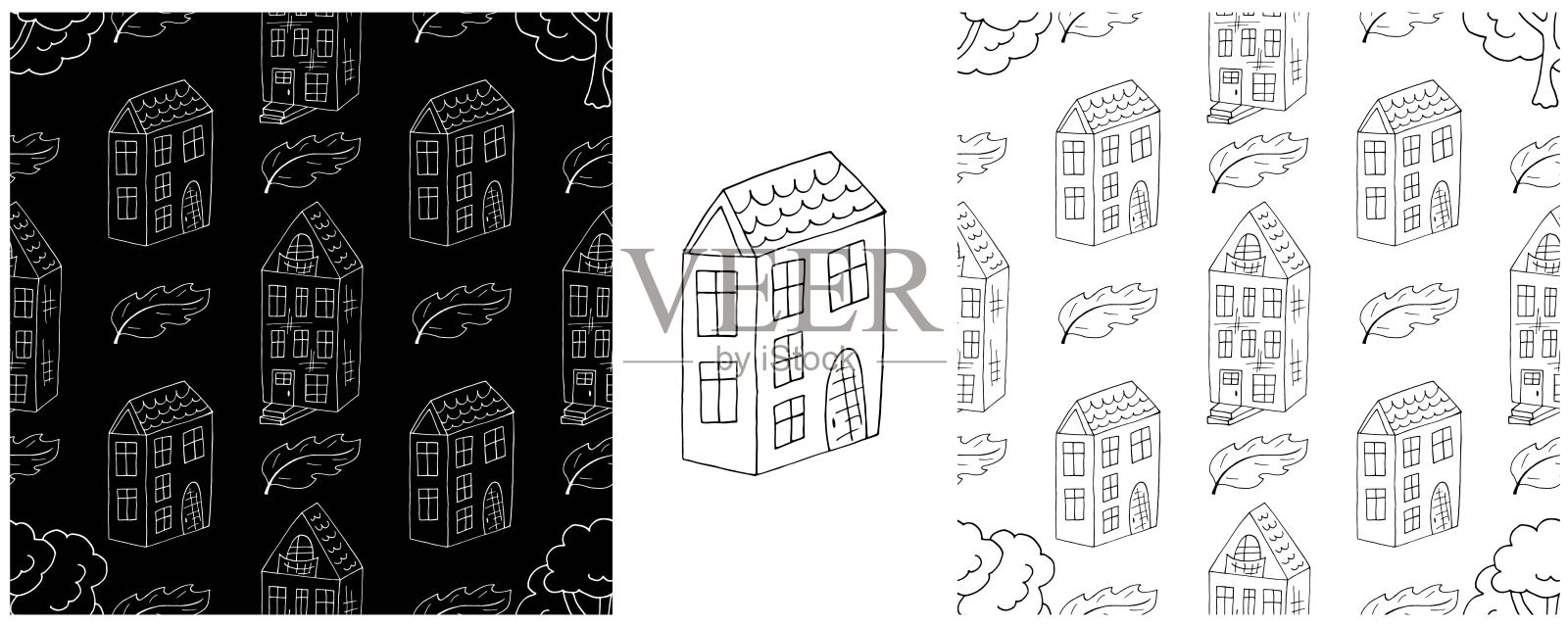 单色房屋。城市无缝图案集插画图片素材