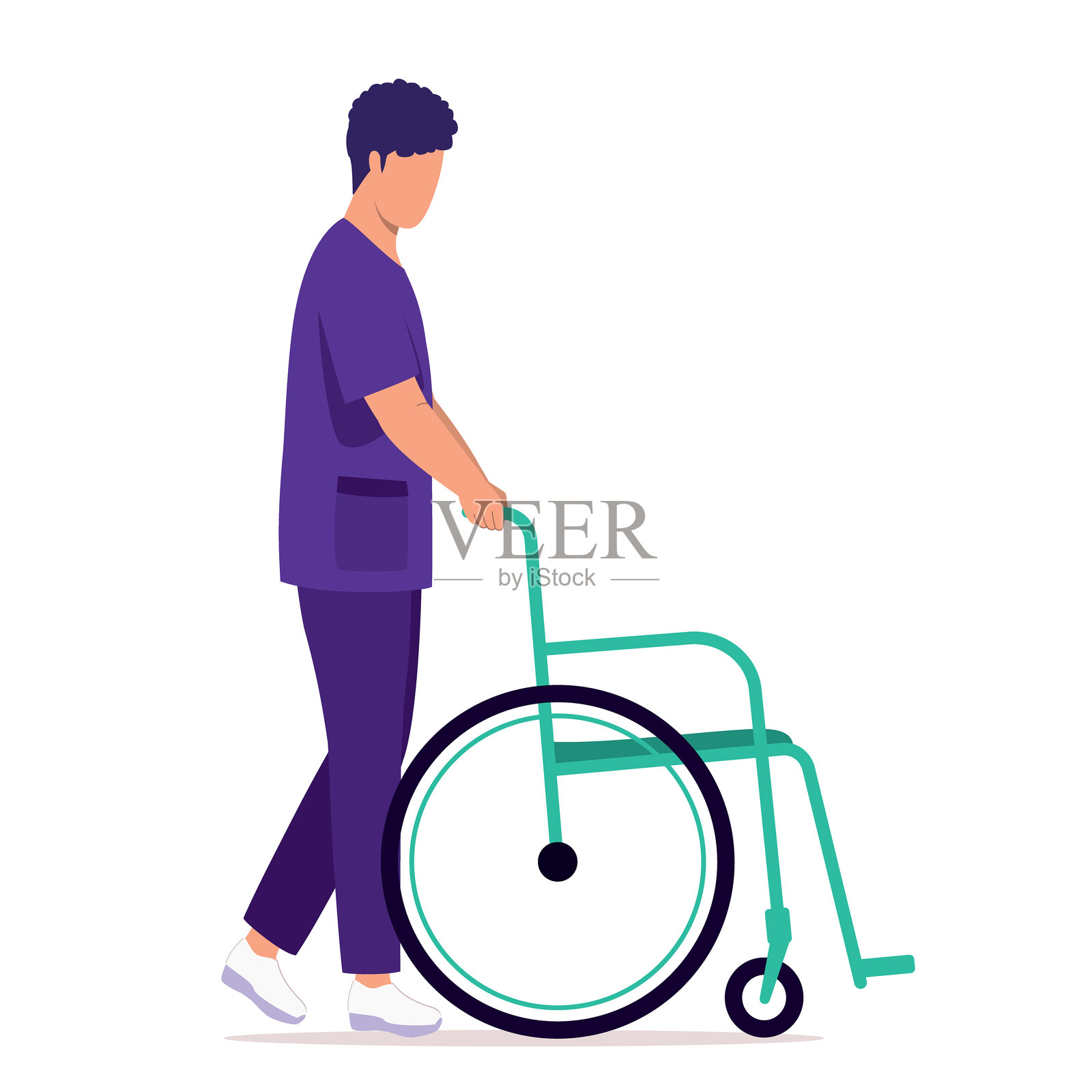 男护士推着一把空轮椅。插画图片素材