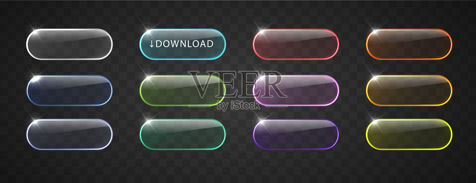 在黑色背景上孤立的发光玻璃按钮。用于网页设计、应用程序、游戏和界面的真实光框边框集合。插画图片素材