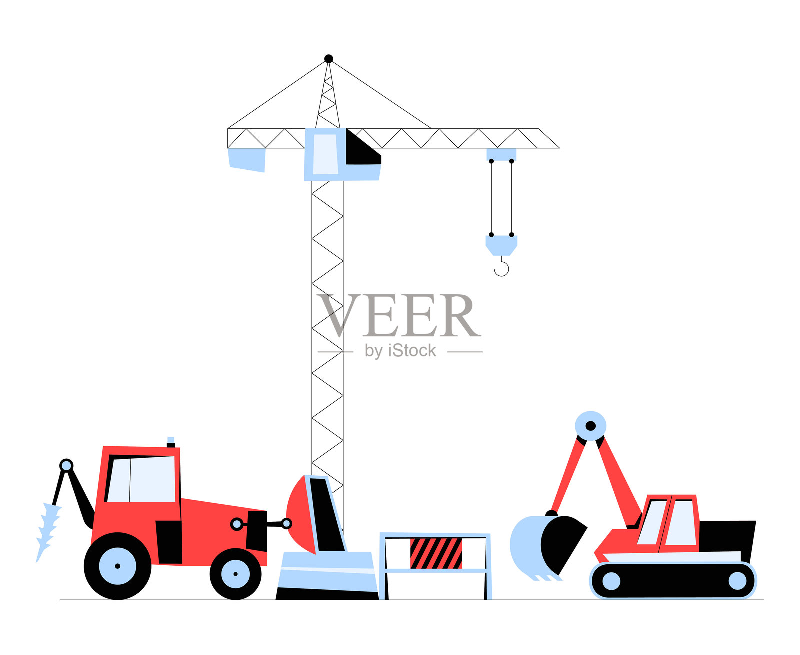 建筑车辆和塔式起重机的扁平矢量插图,象征重型机械、工业工作和基础设施发展,背景为白色。插画图片素材