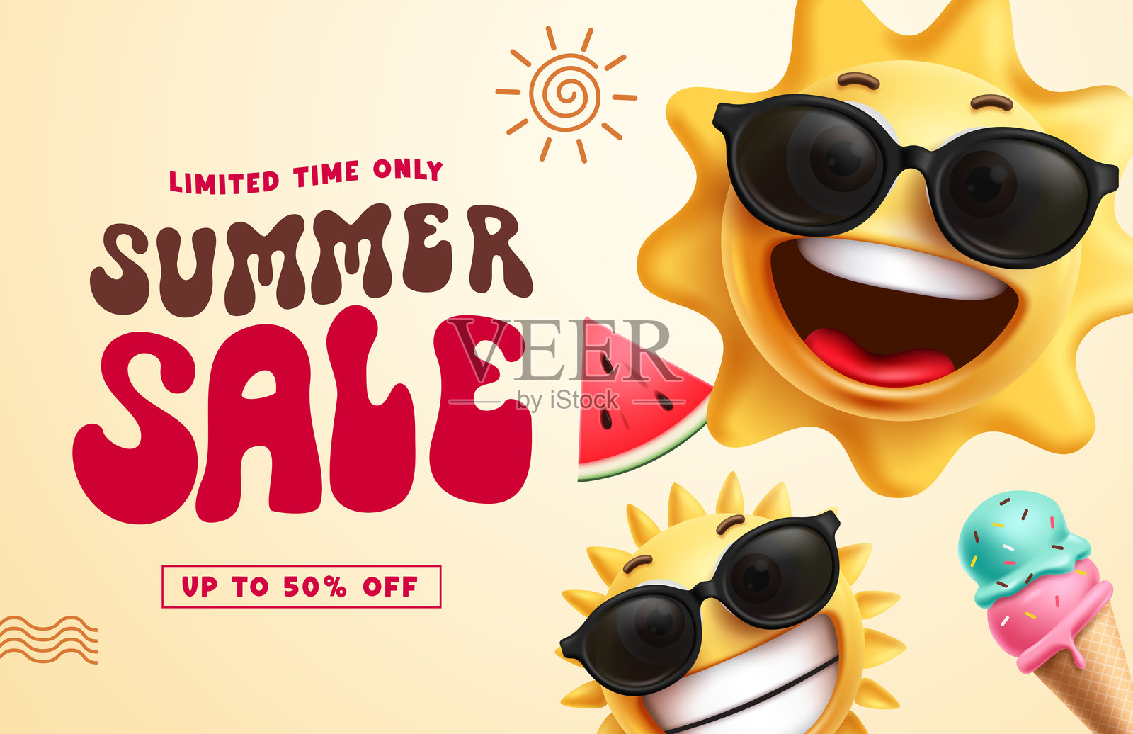 夏季促销剪贴画海报设计。太阳角色表情符号,限时优惠50%折扣,用于夏季促销传单。插画图片素材