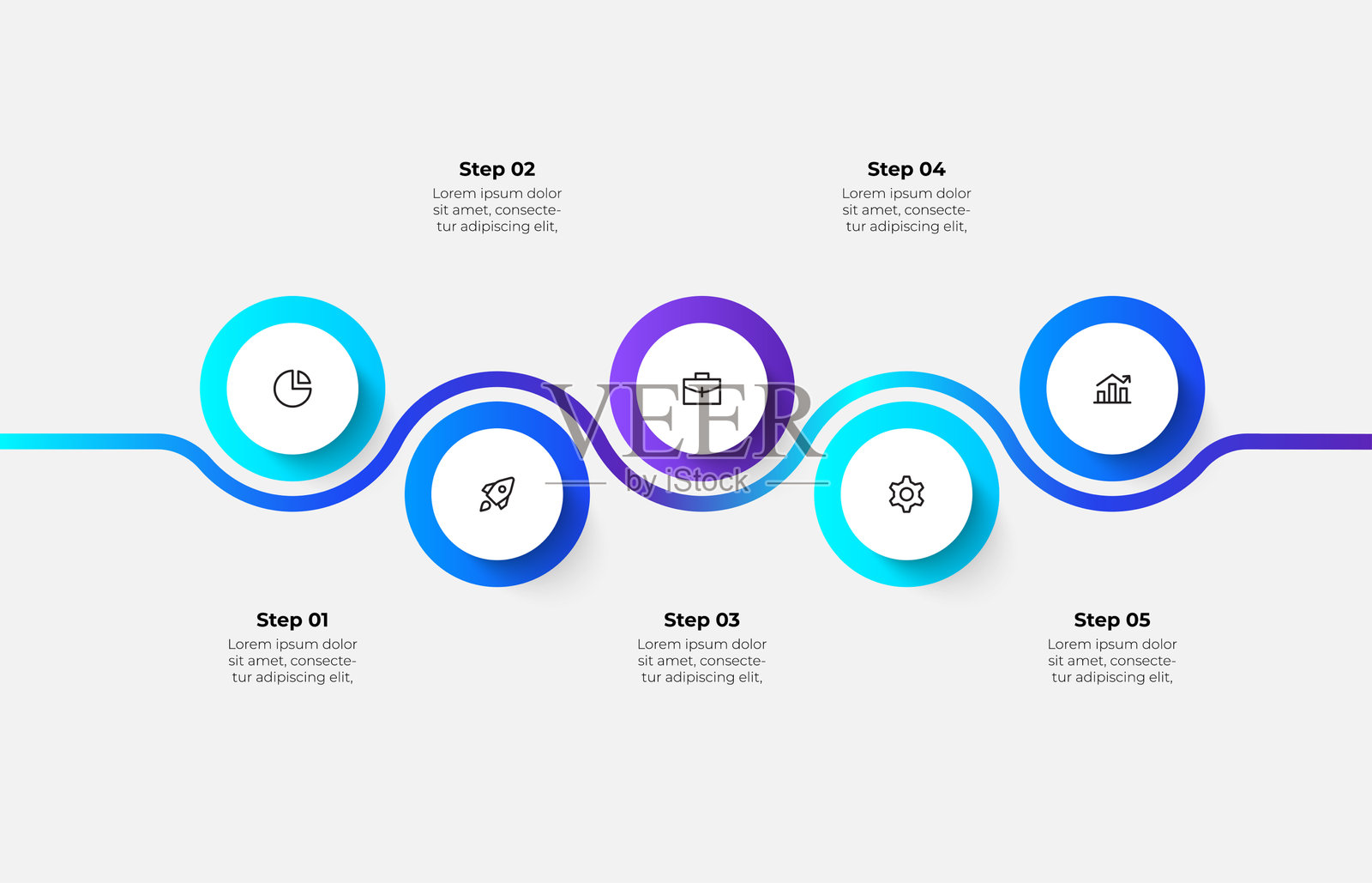 商业和流程可视化的五步流程信息图,用于创建引人入胜的演示文稿或说明项目工作流程插画图片素材