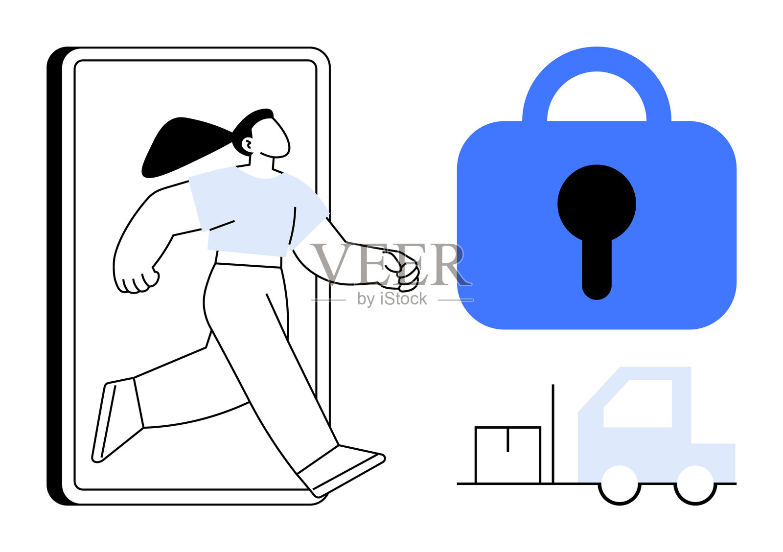 数字安全与商业物流,带有离线访问特征的锁屏和配送图标插画图片素材