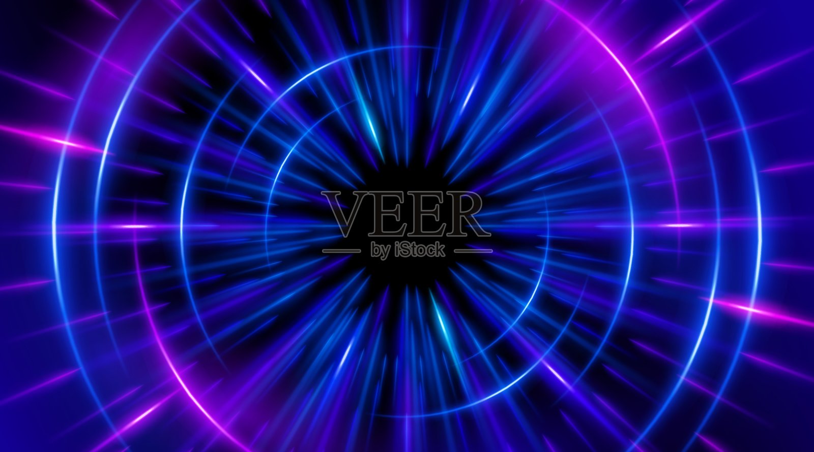 未来主义抽象背景,中心辐射出光和能量的放射性爆发。速度。蓝色、紫色和粉色的光线发射并产生发光粒子效果。插画图片素材