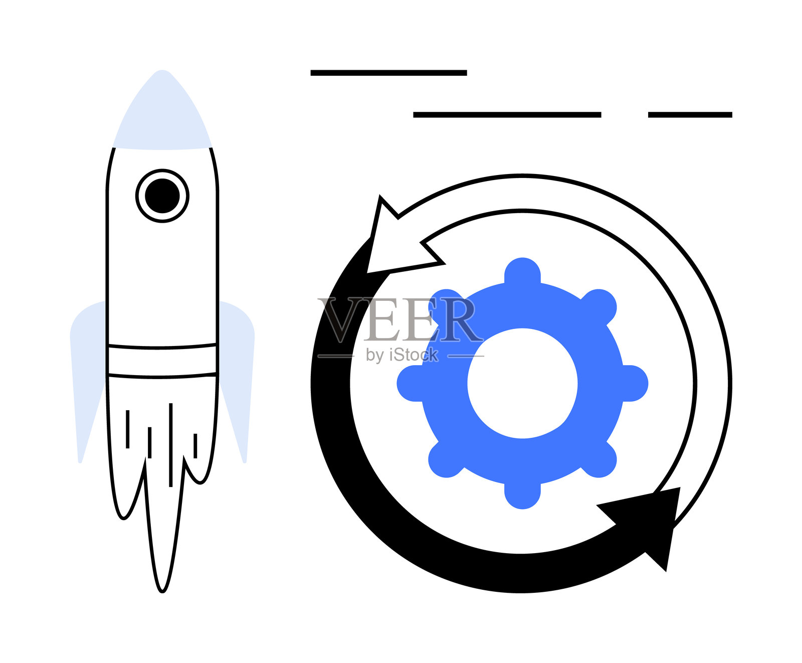 火箭发射与齿轮符号和箭头的过程循环插画图片素材