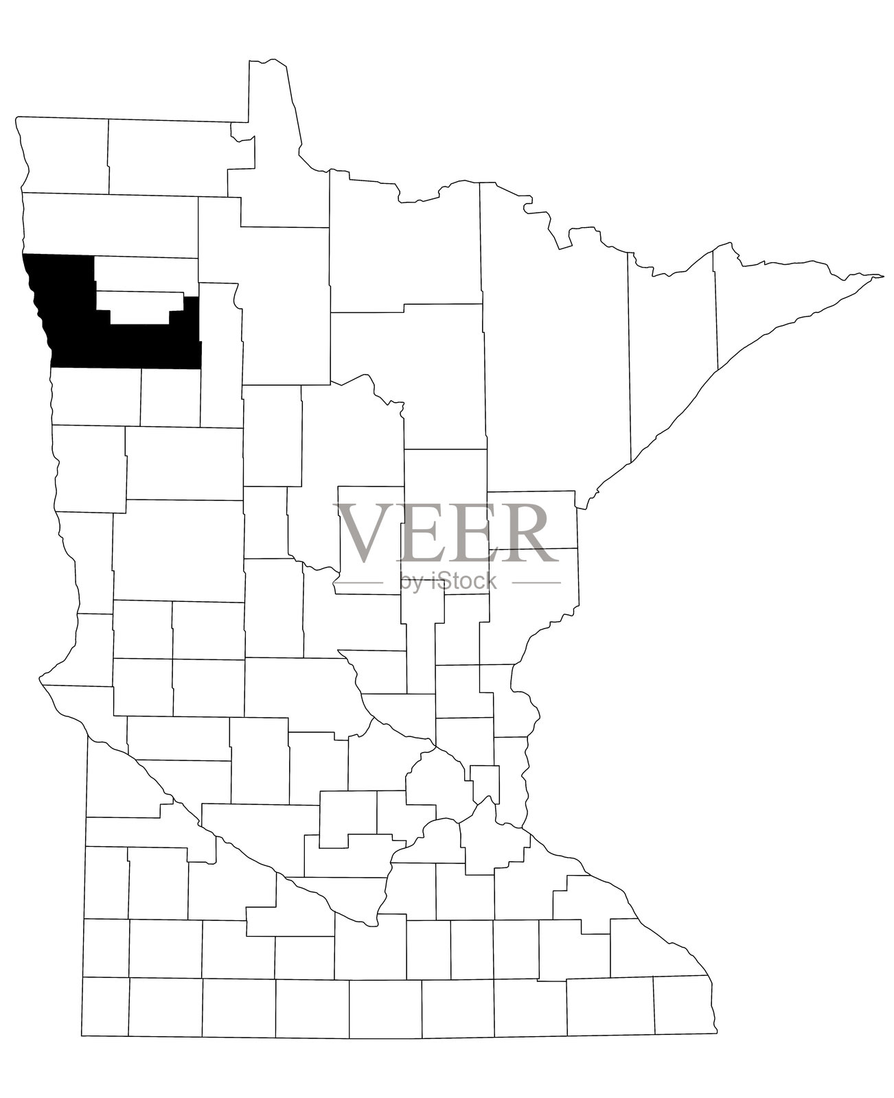 明尼苏达州波克县地图,白色背景。明尼苏达州地图上用黑色突出显示的单一县地图。美国。插画图片素材