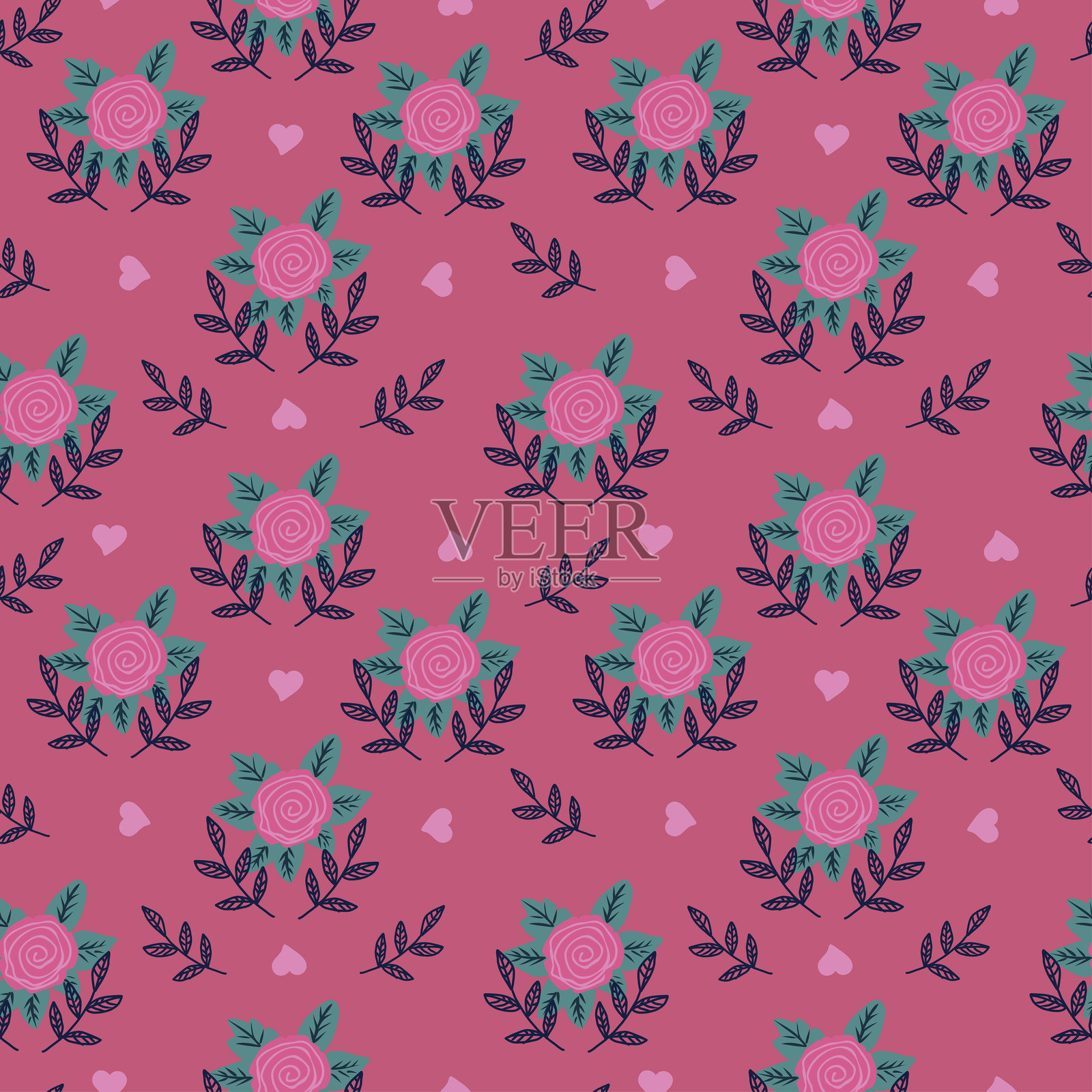 情人节快乐的无缝图案,带有粉色玫瑰。浪漫的矢量背景。插画图片素材