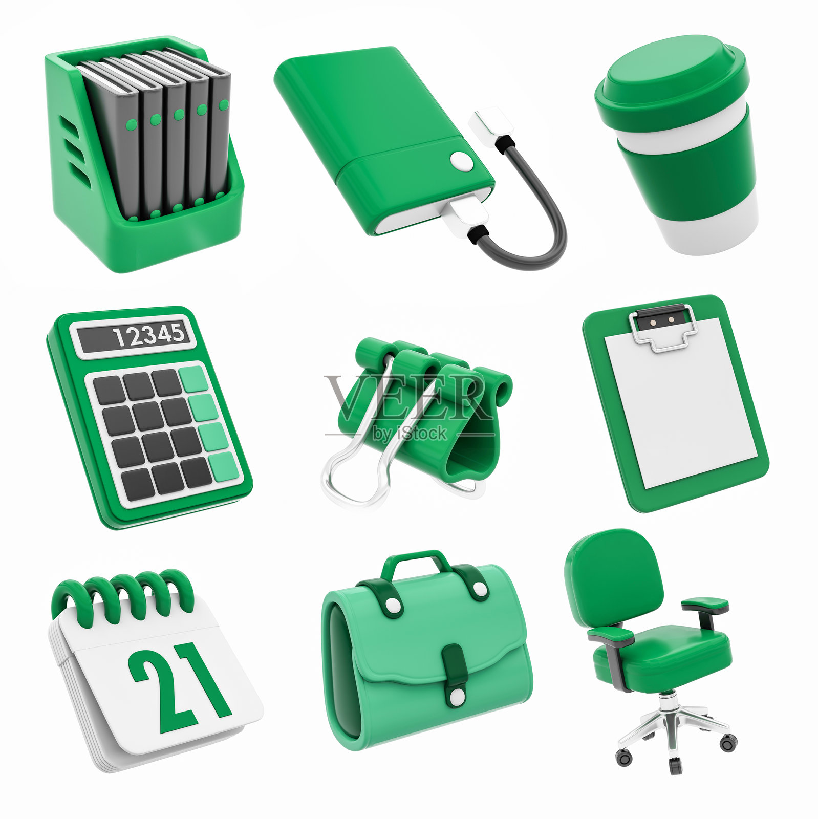 3D办公室图标集合,商业与金融概念。照片摄影图片