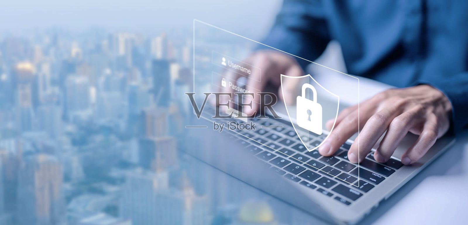 笔记本电脑显示锁定盾牌图标,代表网络安全。安全隐私数据的概念,保护网络犯罪攻击。信息服务器和网络系统的安全。企业密码安全。照片摄影图片