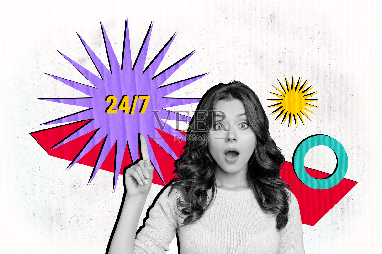 惊讶的漂亮女孩指着24小时服务帮助商店支持的拼贴照片,背景为涂鸦风格。照片摄影图片