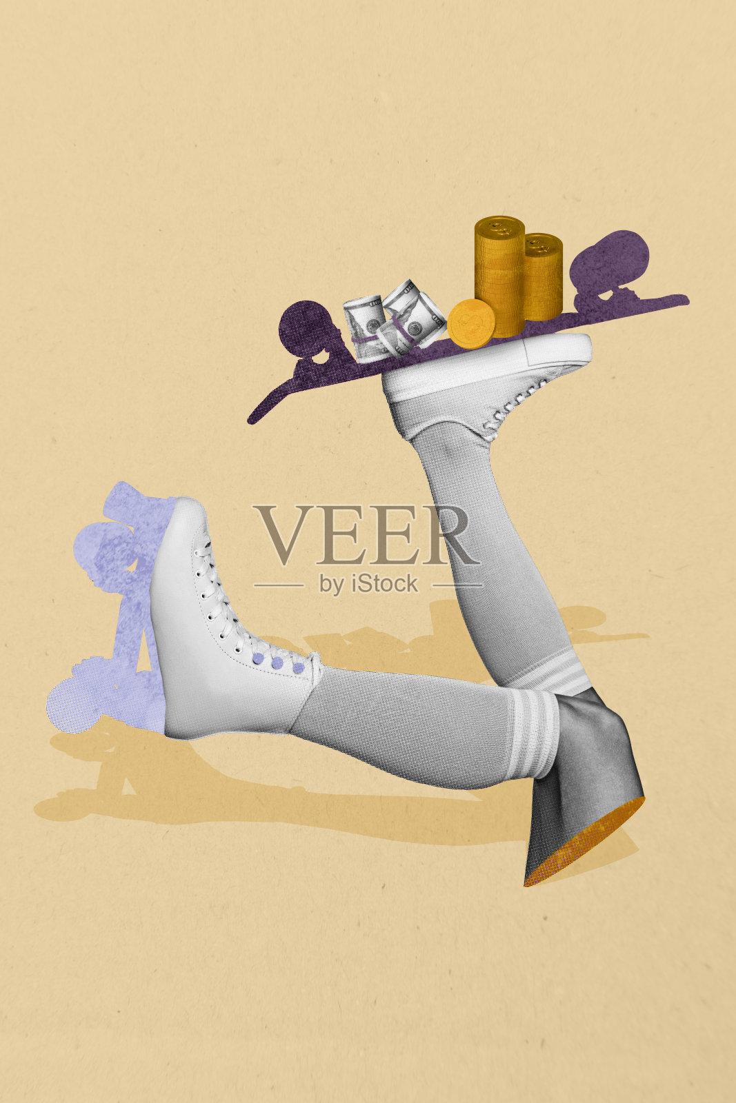 女性腿部的垂直艺术趋势拼贴,穿着运动鞋,滑行于滑板,活动中涉及金钱、收入、钞票和硬币的利润。照片摄影图片