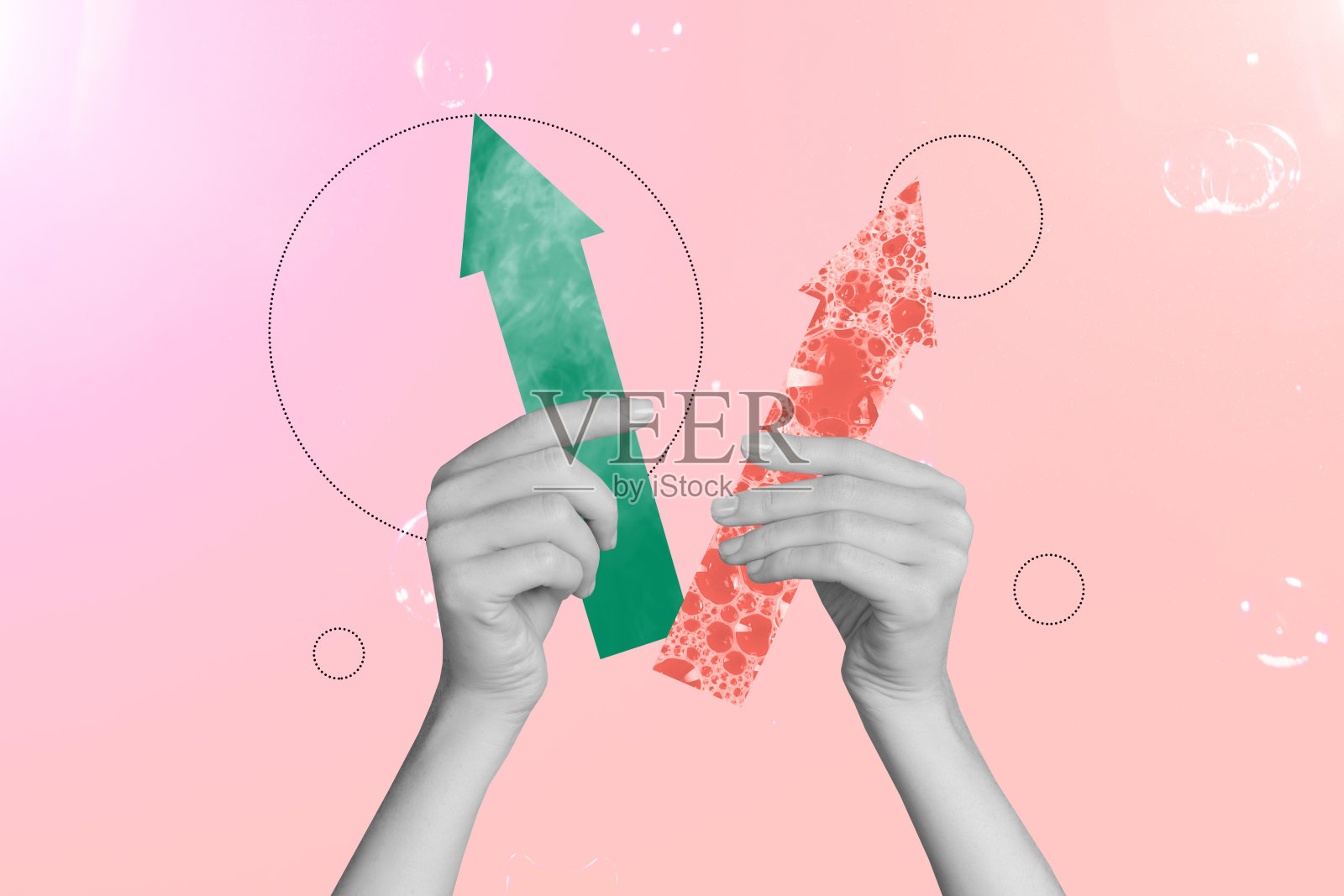 创意拼贴艺术,3D复合图,手握箭头指示器,发展概念,泡沫设计,成功职业的变体照片摄影图片