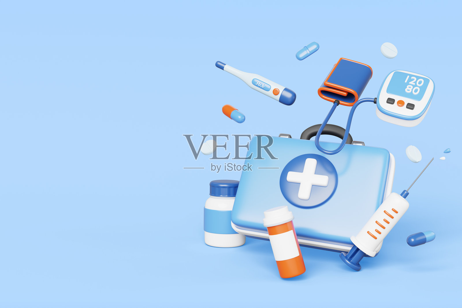 紧急医疗护理3D横幅。医生设备图标 - 急救药箱、血压计、温度计、注射器、药瓶在蓝色渲染背景上。救护车服务,医疗保健。照片摄影图片