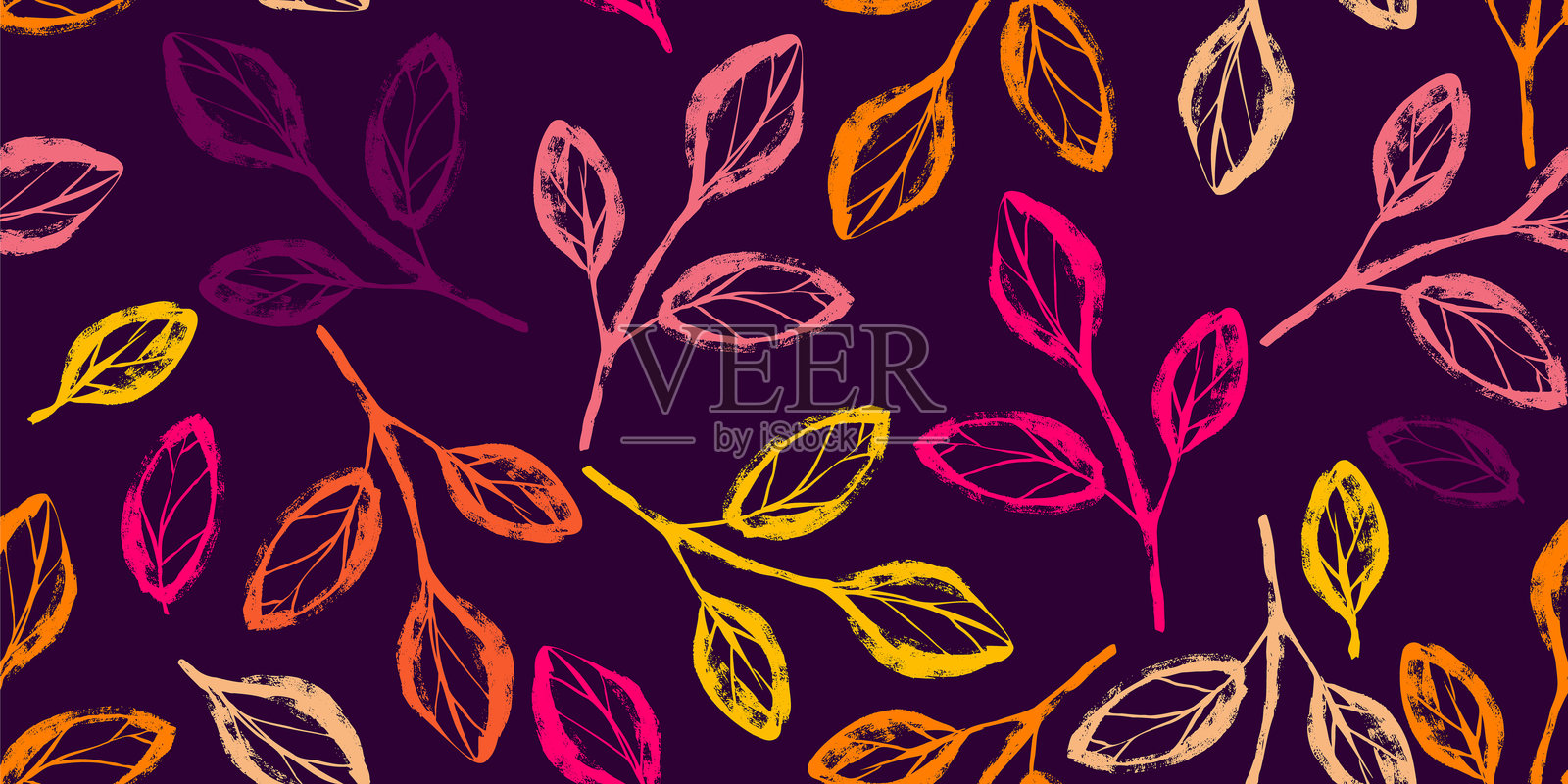 无缝图案,手绘墨水树枝与叶子。自然现代花卉艺术设计,复古风格,带有细腻的磨损效果,完美适用于现代印刷项目、时尚和包装纸。插画图片素材