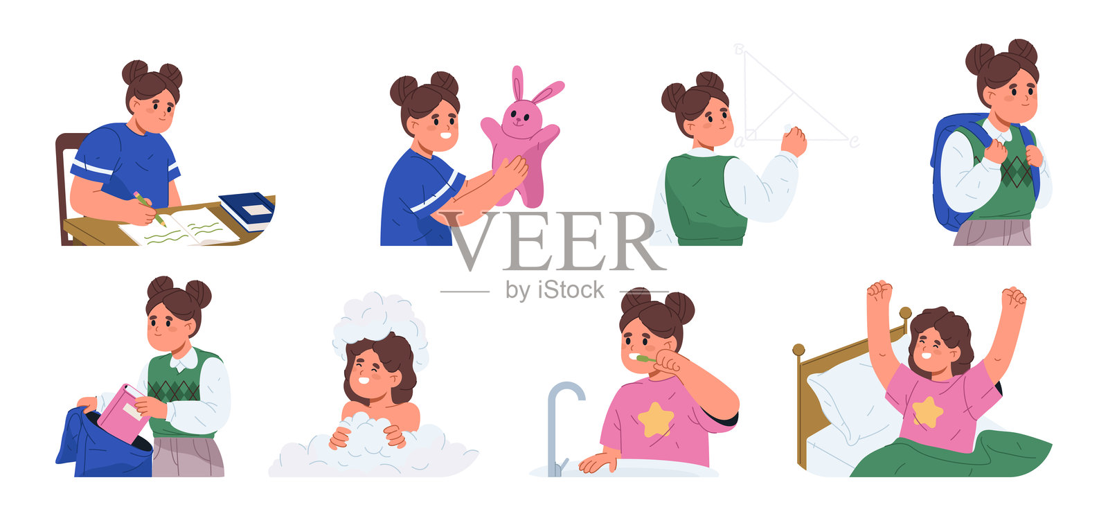 小女孩的生活方式,学生女孩醒来刷牙。扁平风格的插图,去上学、参加课程、玩毛绒玩具、做作业和泡泡浴。插画图片素材