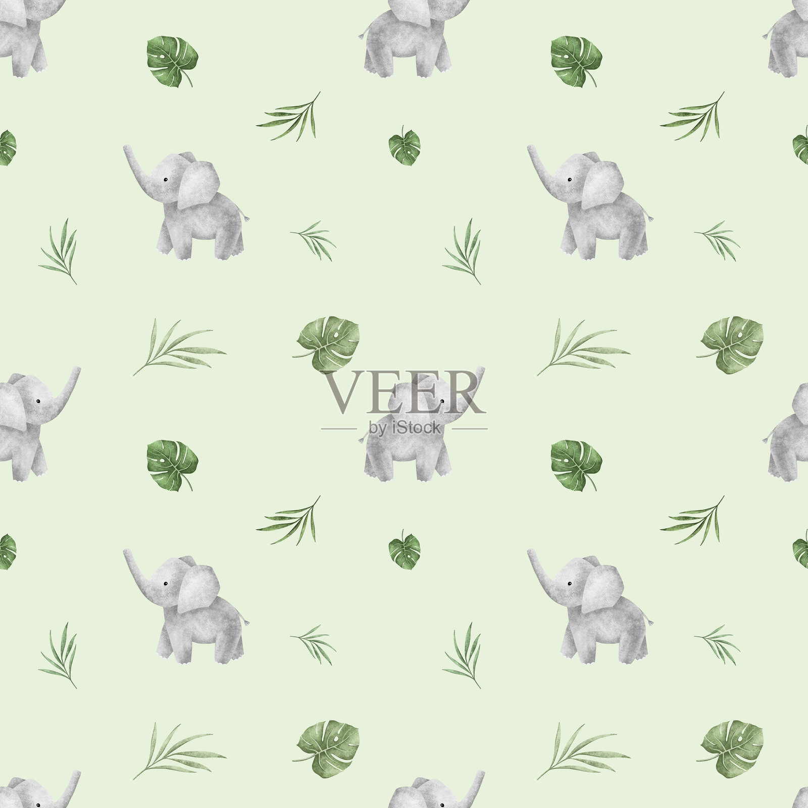 无缝图案,包含怪兽叶子和非洲动物,如犀牛和大象,适合儿童设计。手绘插图,鳄鱼可爱印花,适用于儿童纺织设计或壁纸。插画图片素材