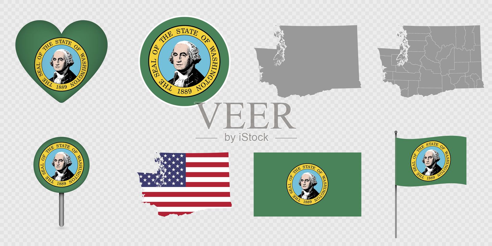 华盛顿州旗帜和地图图标包。插画图片素材