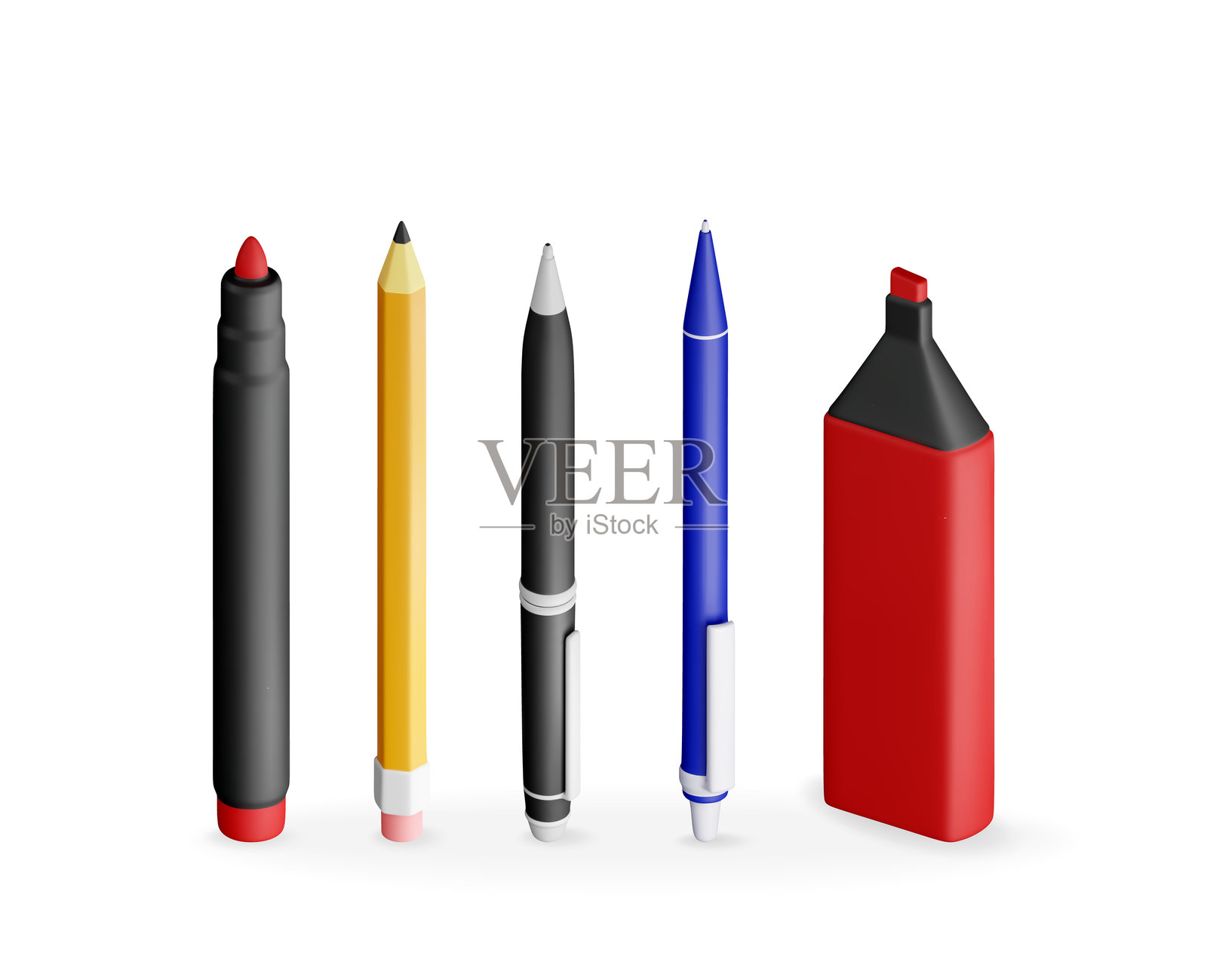 3D铅笔、马克笔和圆珠笔的组合,背景为白色插画图片素材