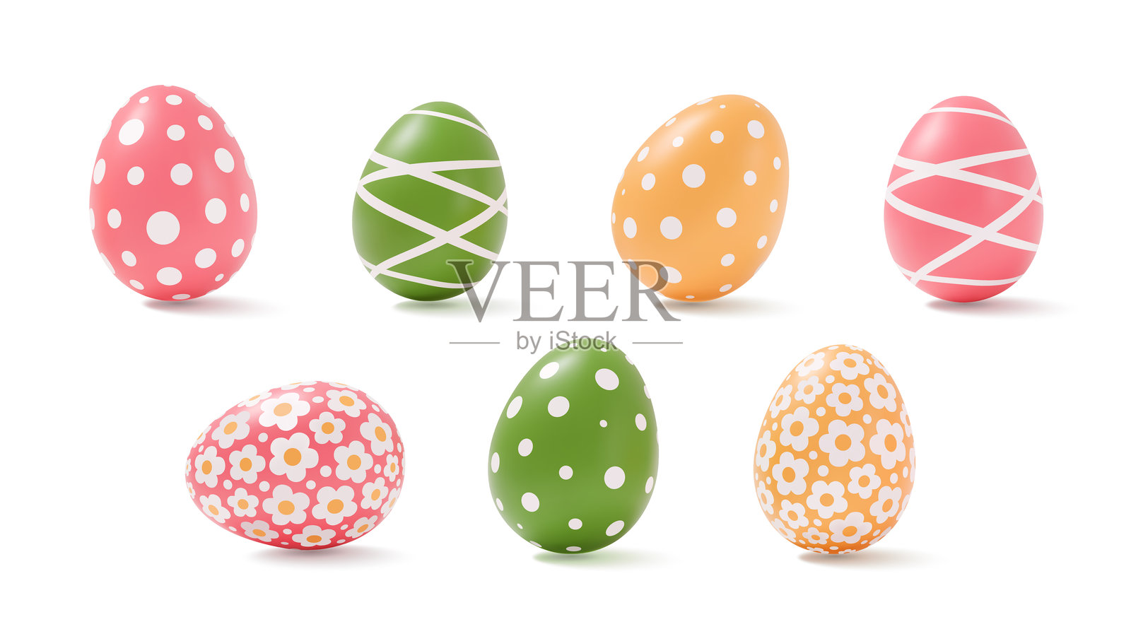 复活节彩蛋,带有3D圆点、条纹和花卉图案,真实的节日装饰,背景为白色。插画图片素材