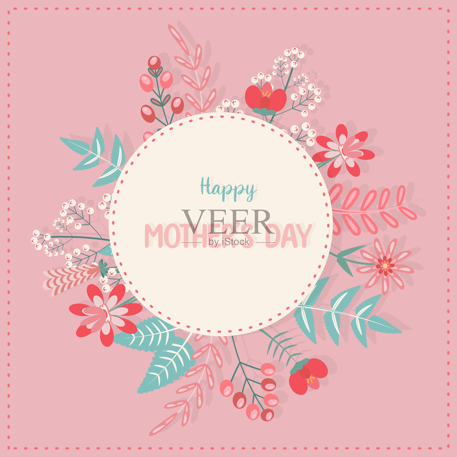 贺卡。文字:母亲节快乐。生动的花卉元素,柔和的米色背景。插画图片素材