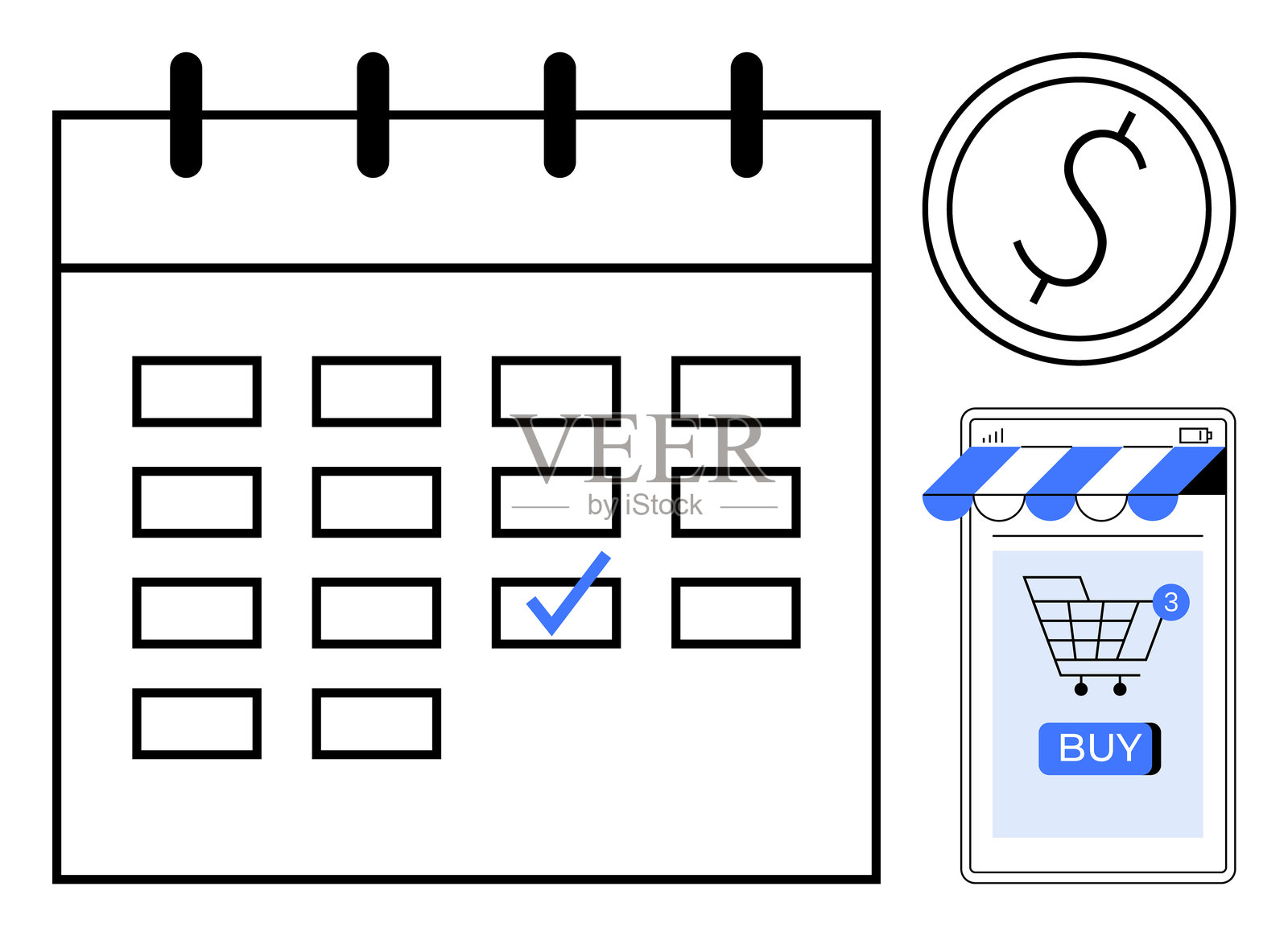 简单矢量风格的日历、勾选标记、在线购物车和美元符号插画图片素材