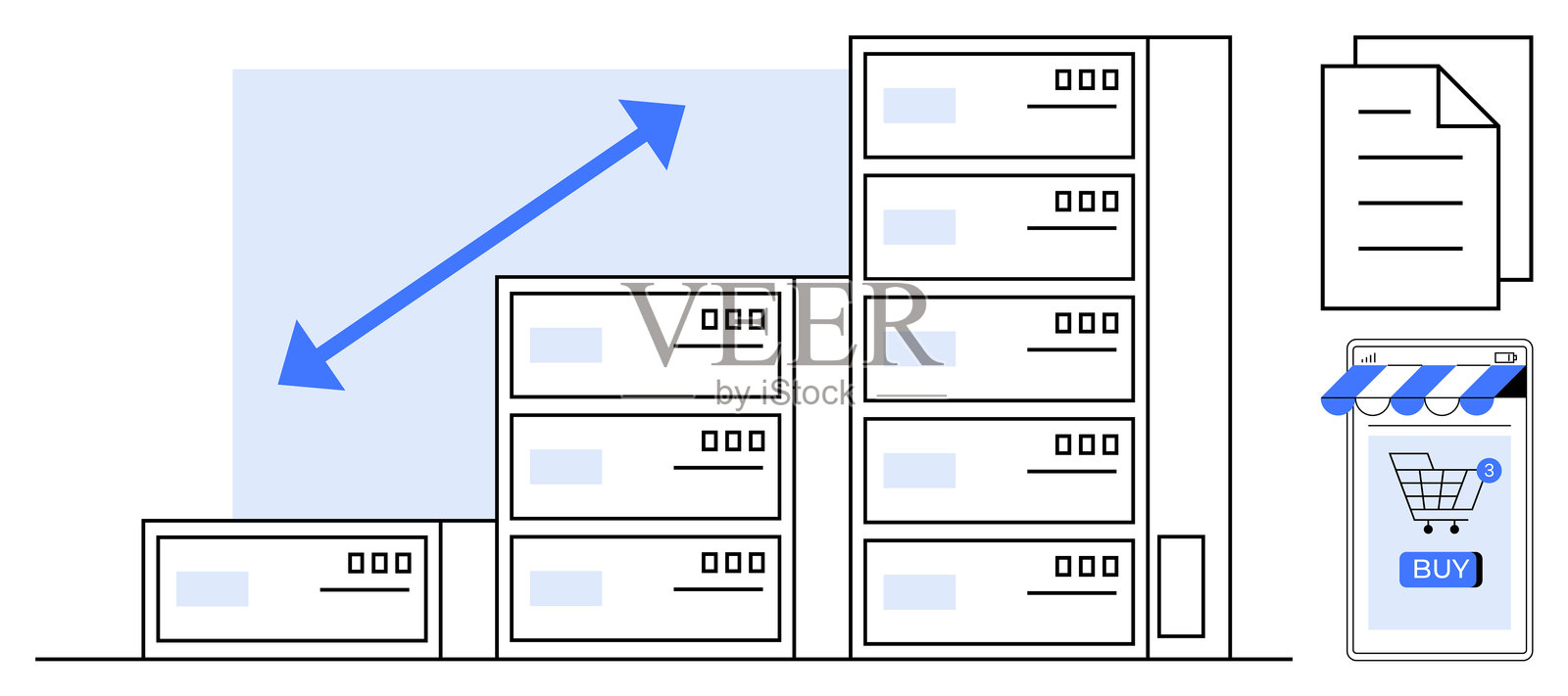 电子商务增长与数据存储升级及在线购买选项插画图片素材