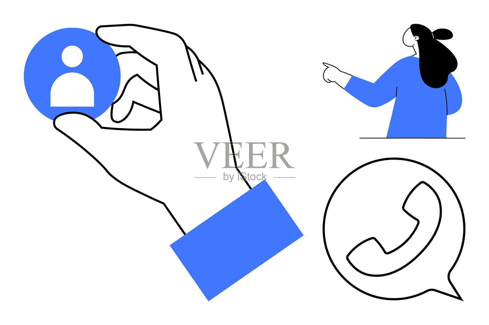 手握联系图标和指向的手,现代扁平风格的电话呼叫符号插画图片素材