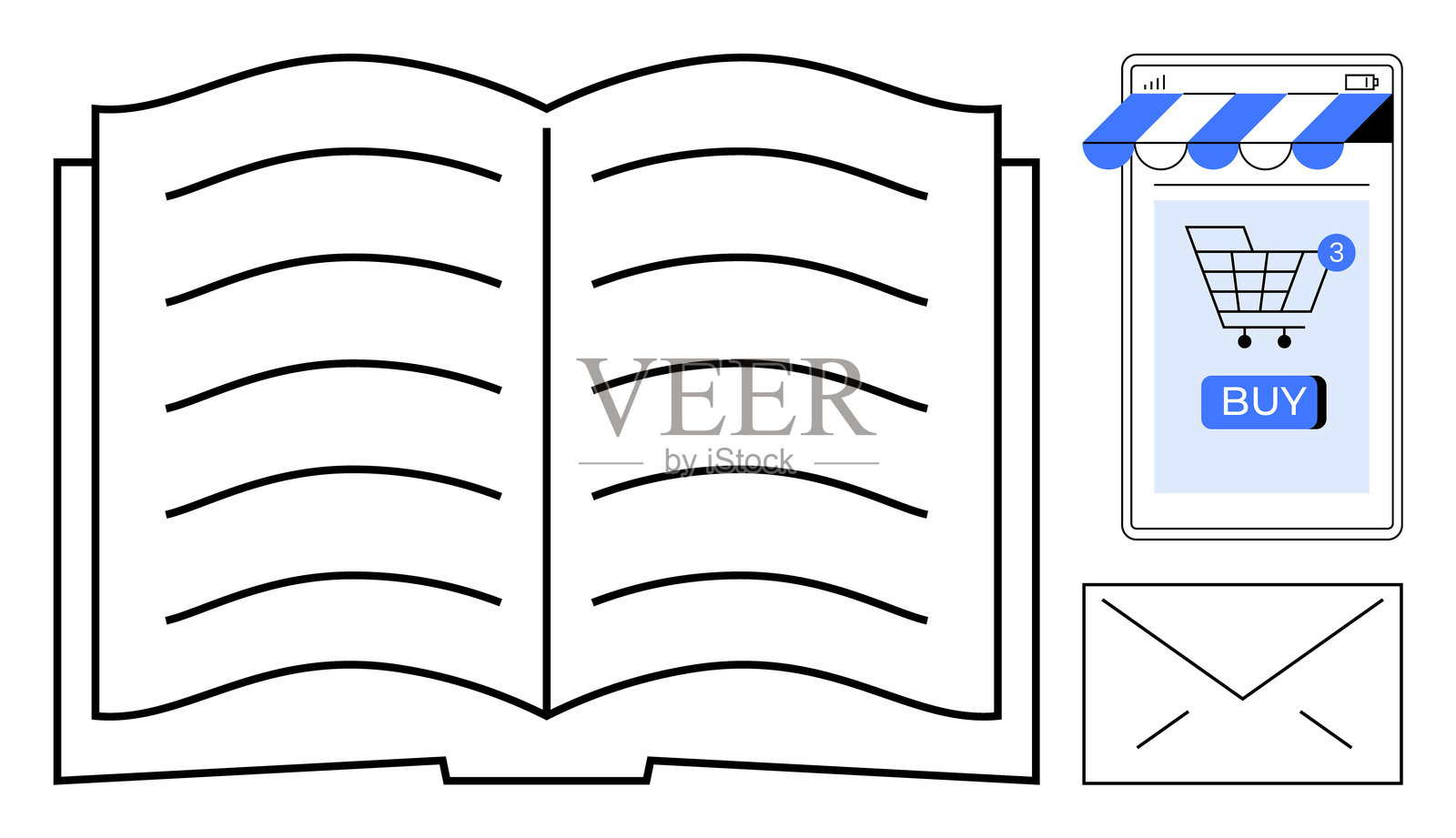 在线书籍购买概念,带购物车和电子邮件通知插画图片素材