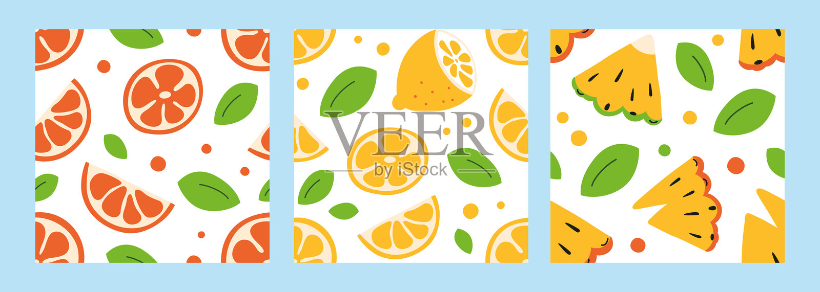 三款无缝矢量图案,包含菠萝、柠檬和橙子以及热带叶子。明亮、清新、极简的夏季背景,适用于水果切片、面料、包装纸和印刷品。插画图片素材