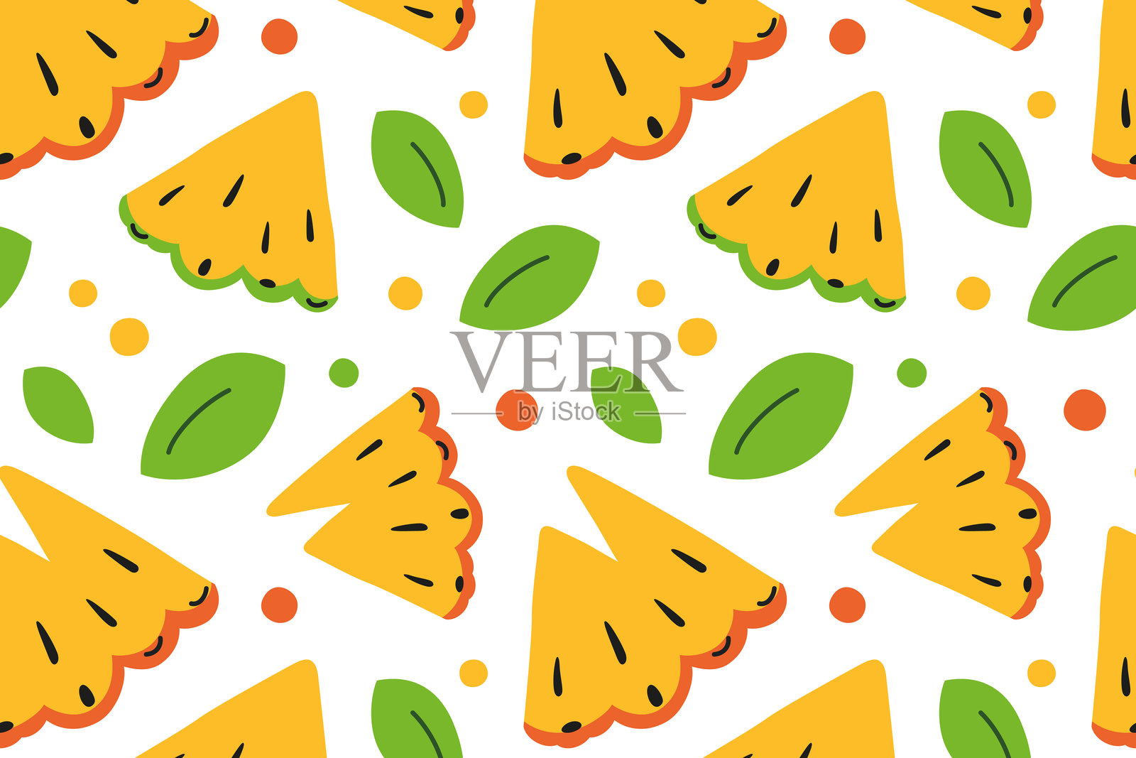 无缝矢量图案,包含菠萝片和热带叶子。明亮、多彩、充满趣味的卡通风格设计。适合夏季主题的背景,热带水果、面料、包装纸和印刷品。插画图片素材