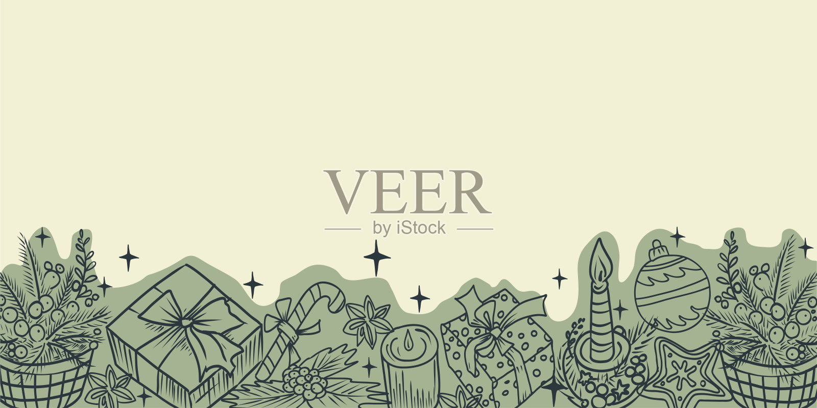 节日手绘插图,包含礼物、蜡烛、装饰品和食物等节日元素。非常适合贺卡、季节性设计和冬季庆祝活动。插画图片素材